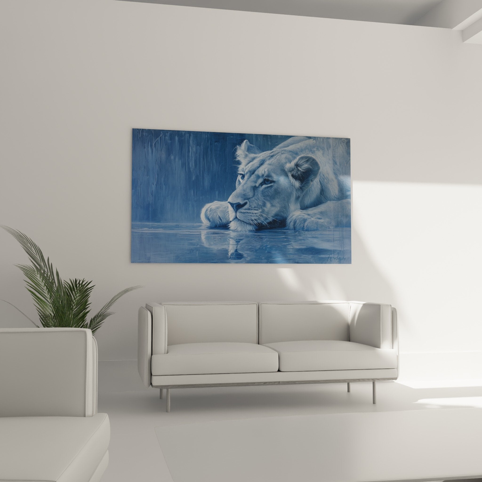 Löwe-Gemälde Detail Blautöne Fellstruktur Wasserreflexe expressionistische Kunst
