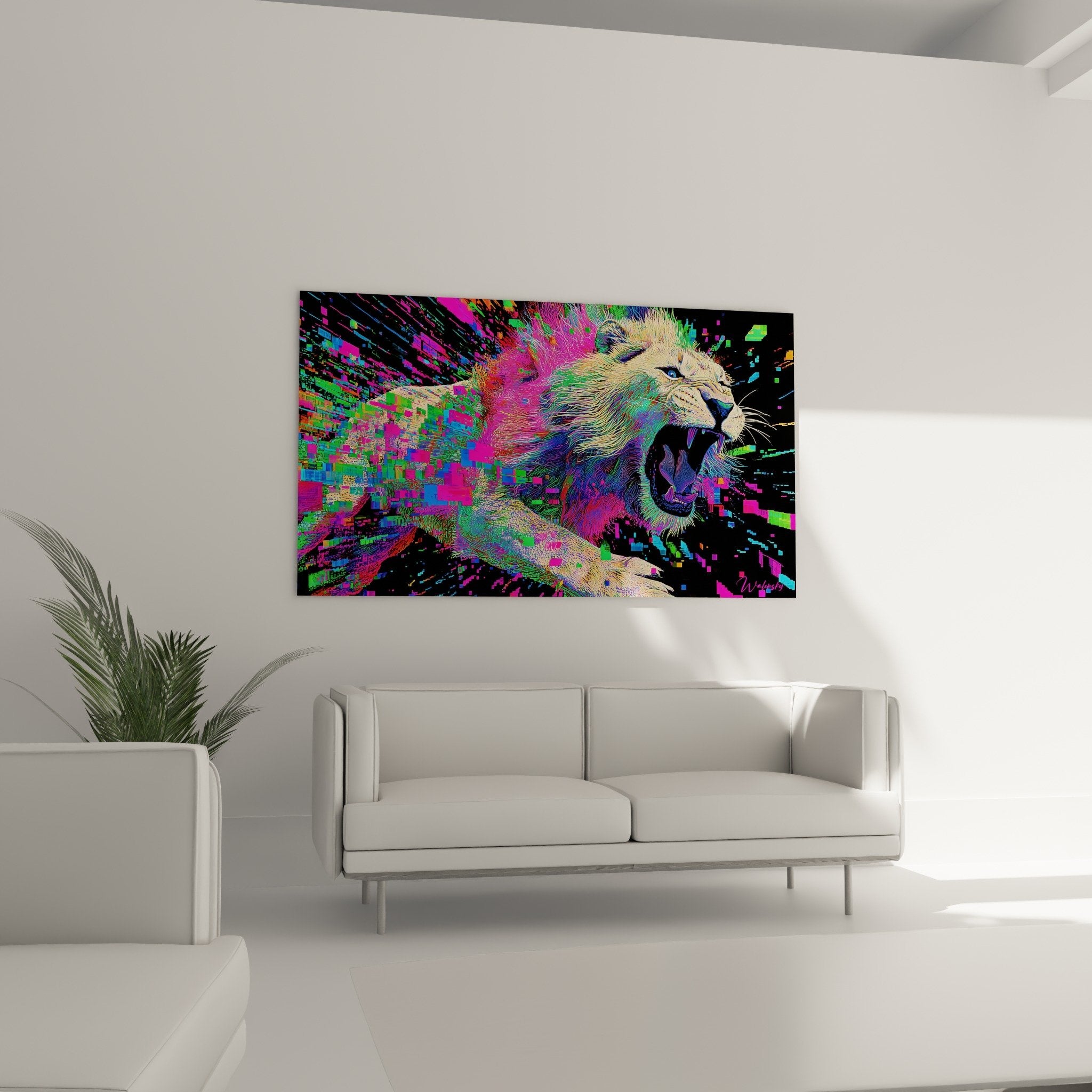 Gros plan lion rugissant art digital pixels multicolores criniere doree oeil bleu detail texture