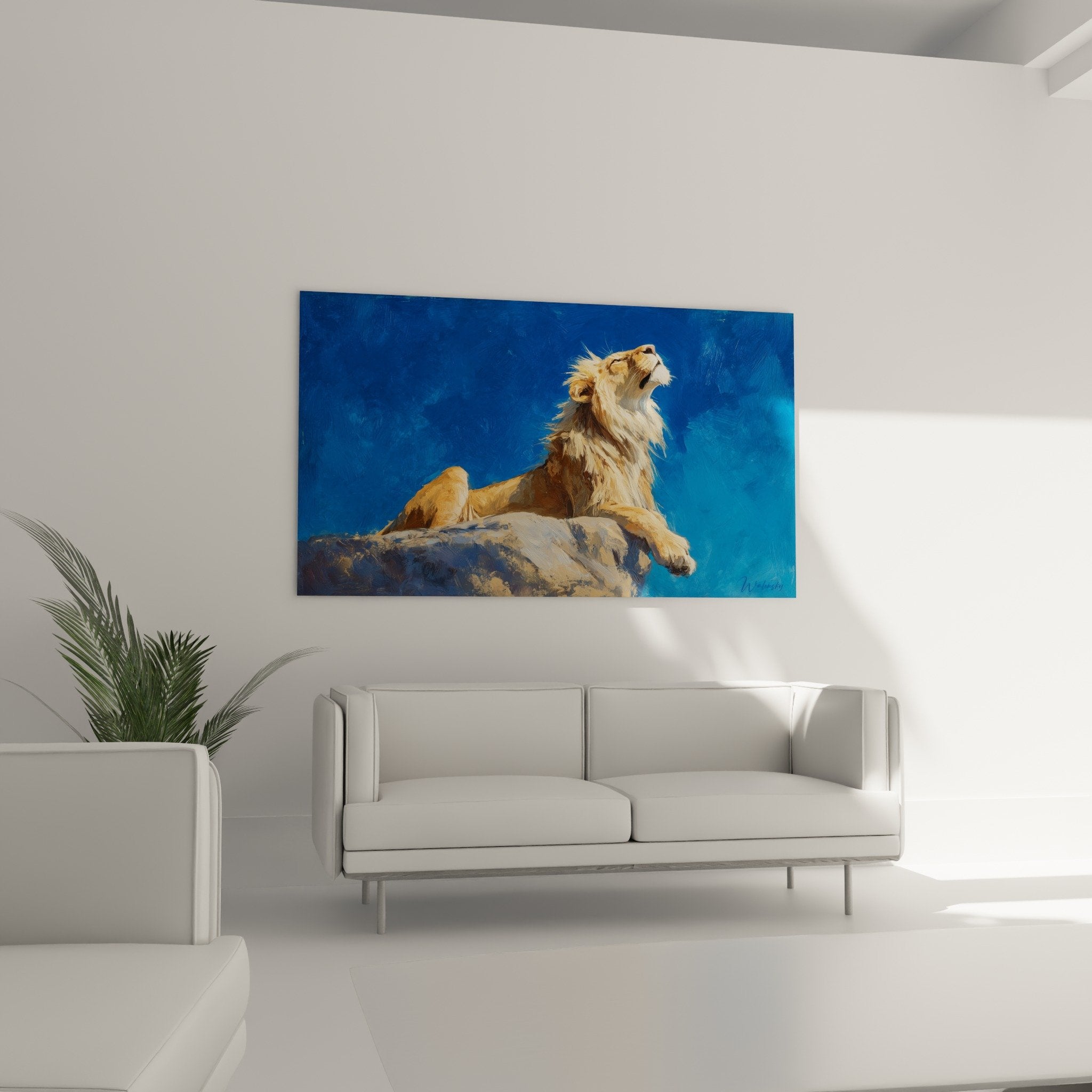 Détail gros plan lion rugissant crinière dorée technique picturale moderne