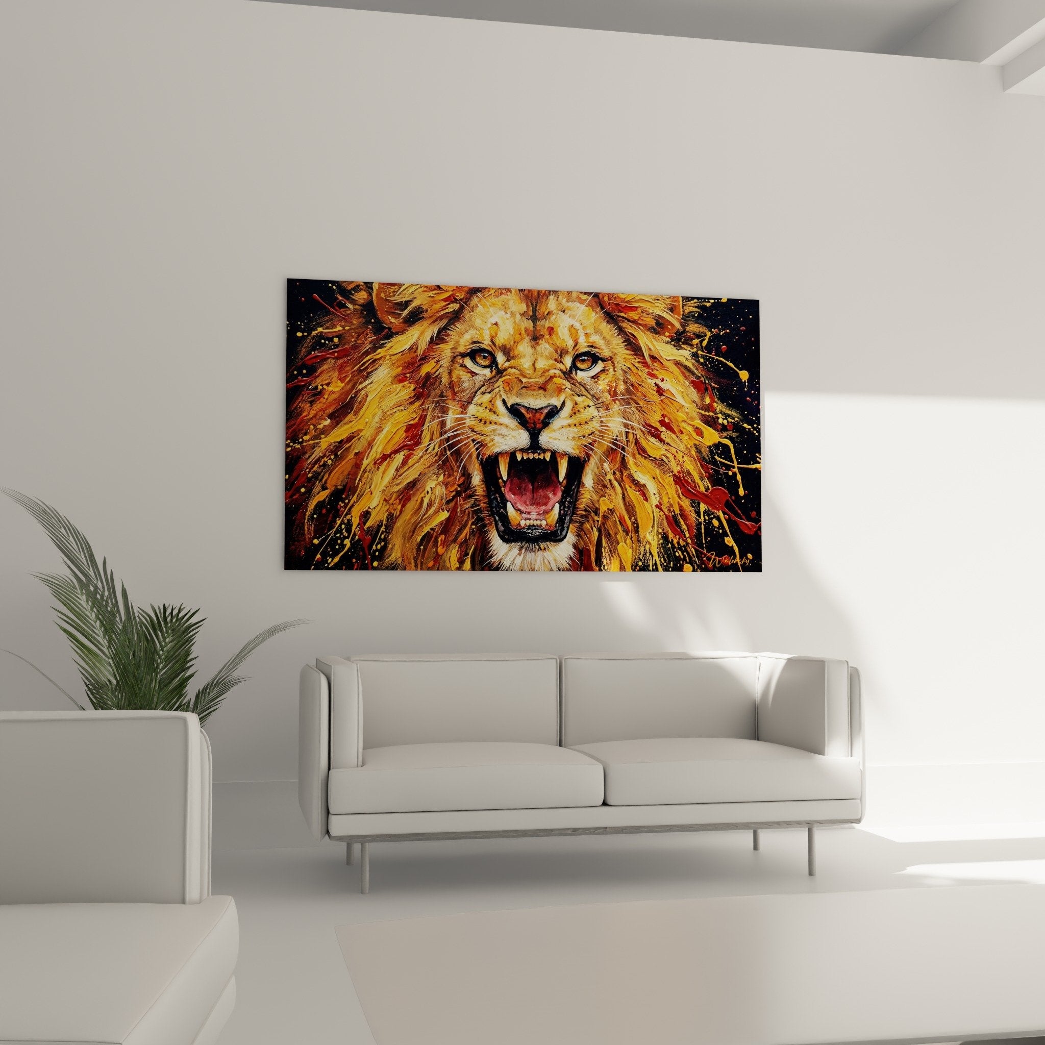 Detail tableau lion rugissant eclaboussures peinture criniere doree yeux perçants canines blanches realisme