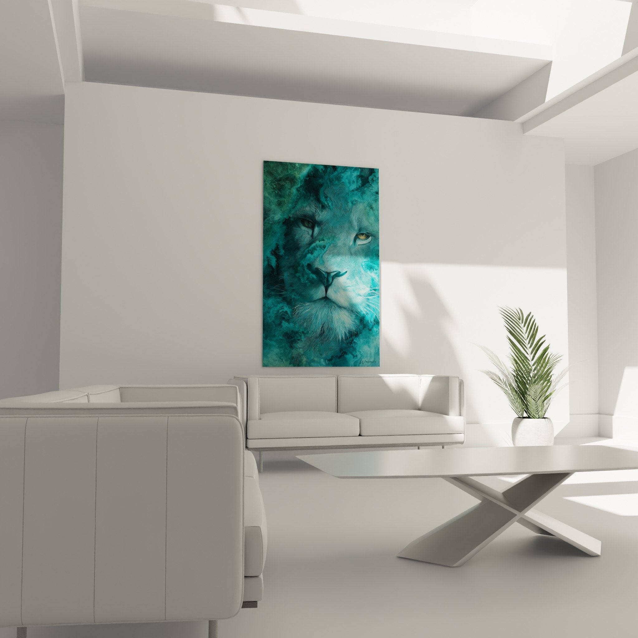 Gros plan tableau lion turquoise détails yeux dorés et motifs ondulants texture artistique raffinée