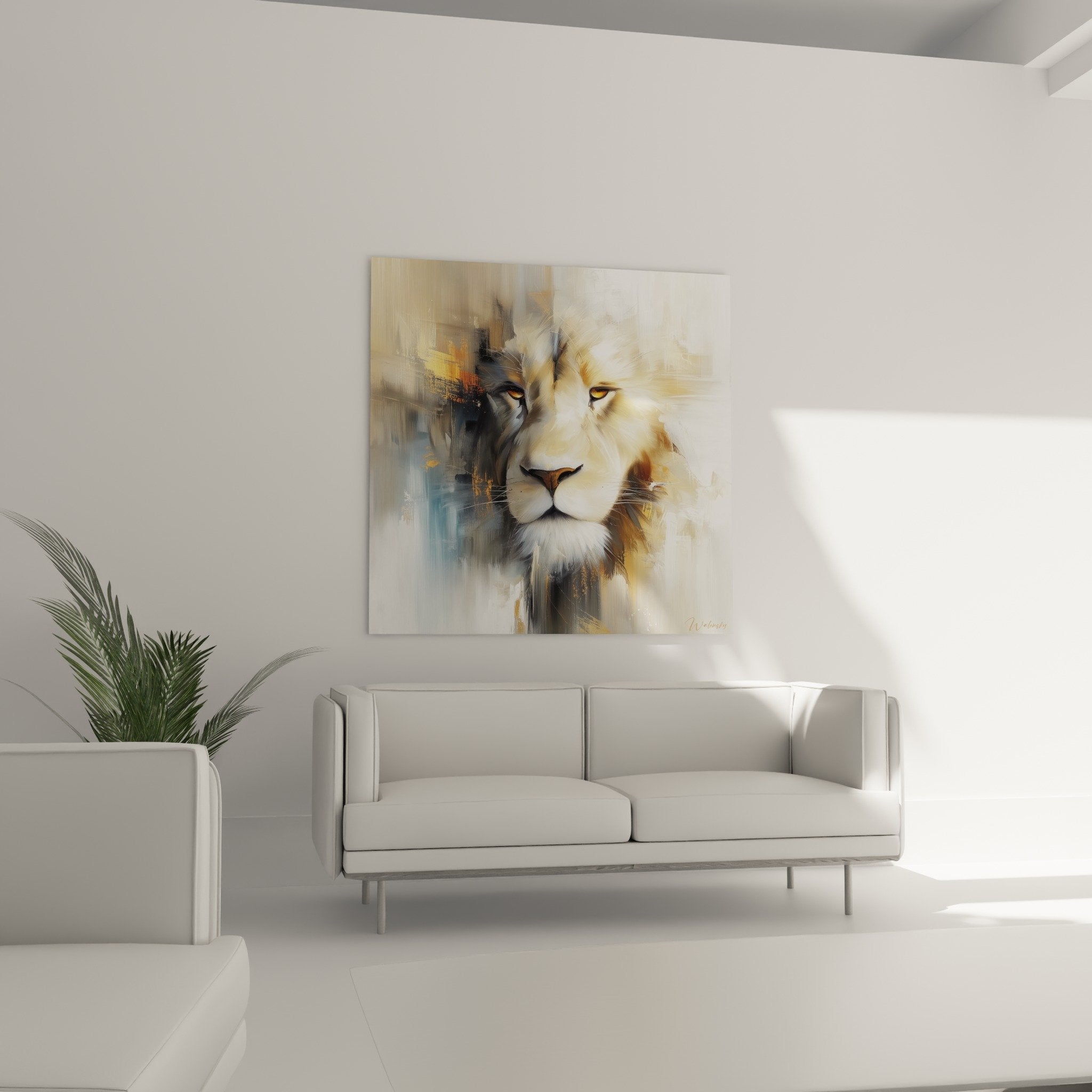 Detail tableau lion yeux ambres criniere doree technique picturale moderne touches impressionnistes