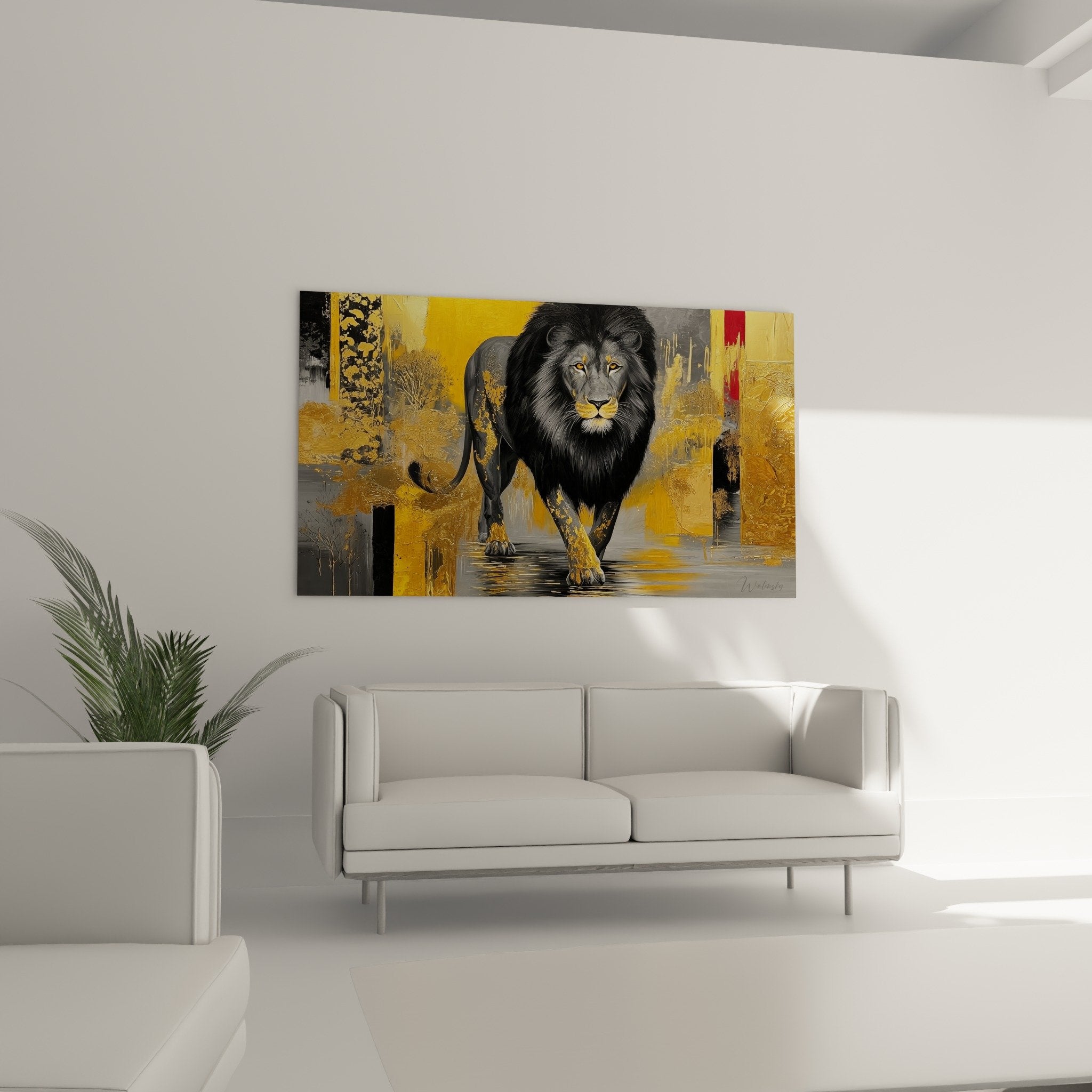 Detail lion painting golden eyes black mane golden textures realistic painting