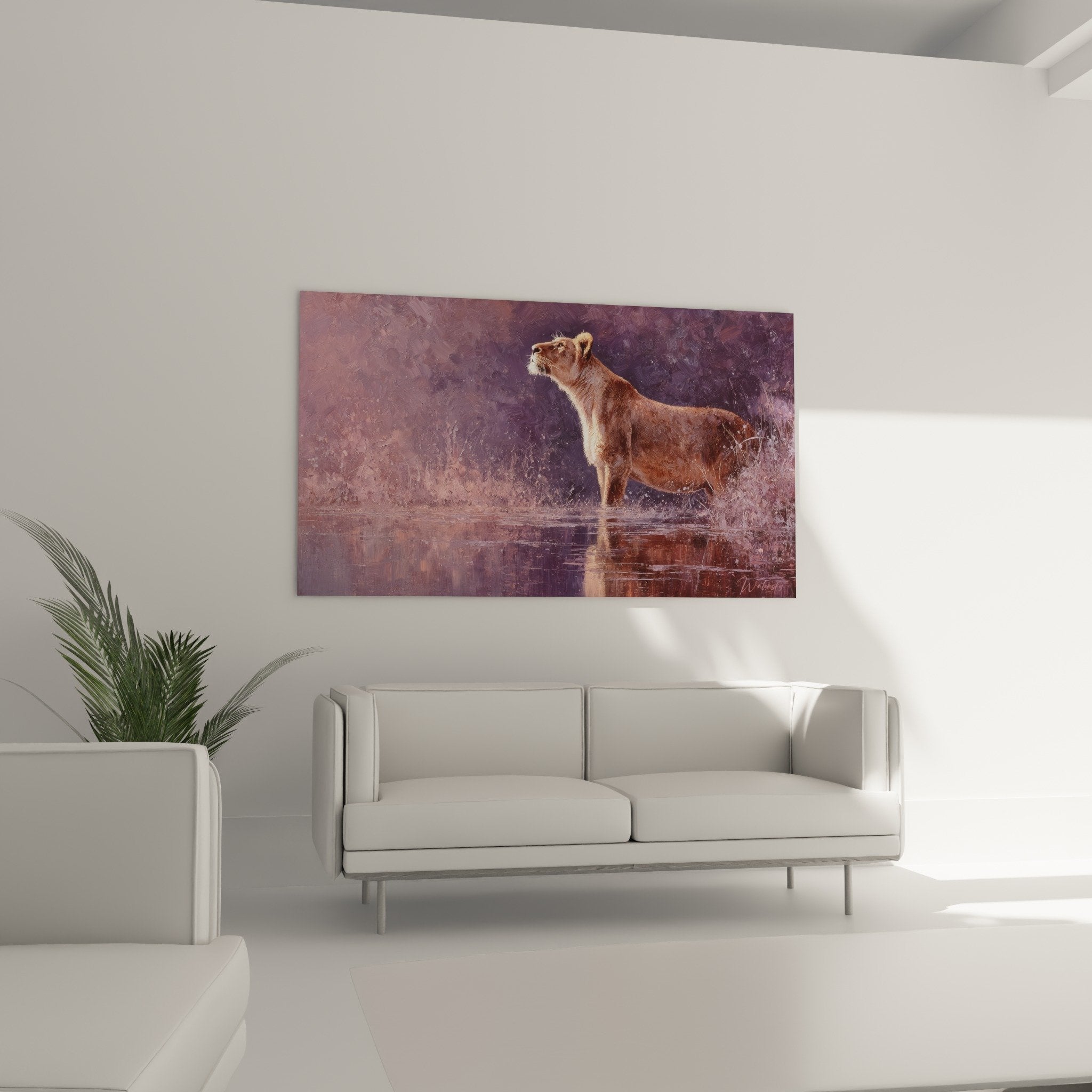 Dettaglio del mantello dorato della leonessa schizzi cristallini riflessi d'acqua tonalità viola rosa quadro primo piano