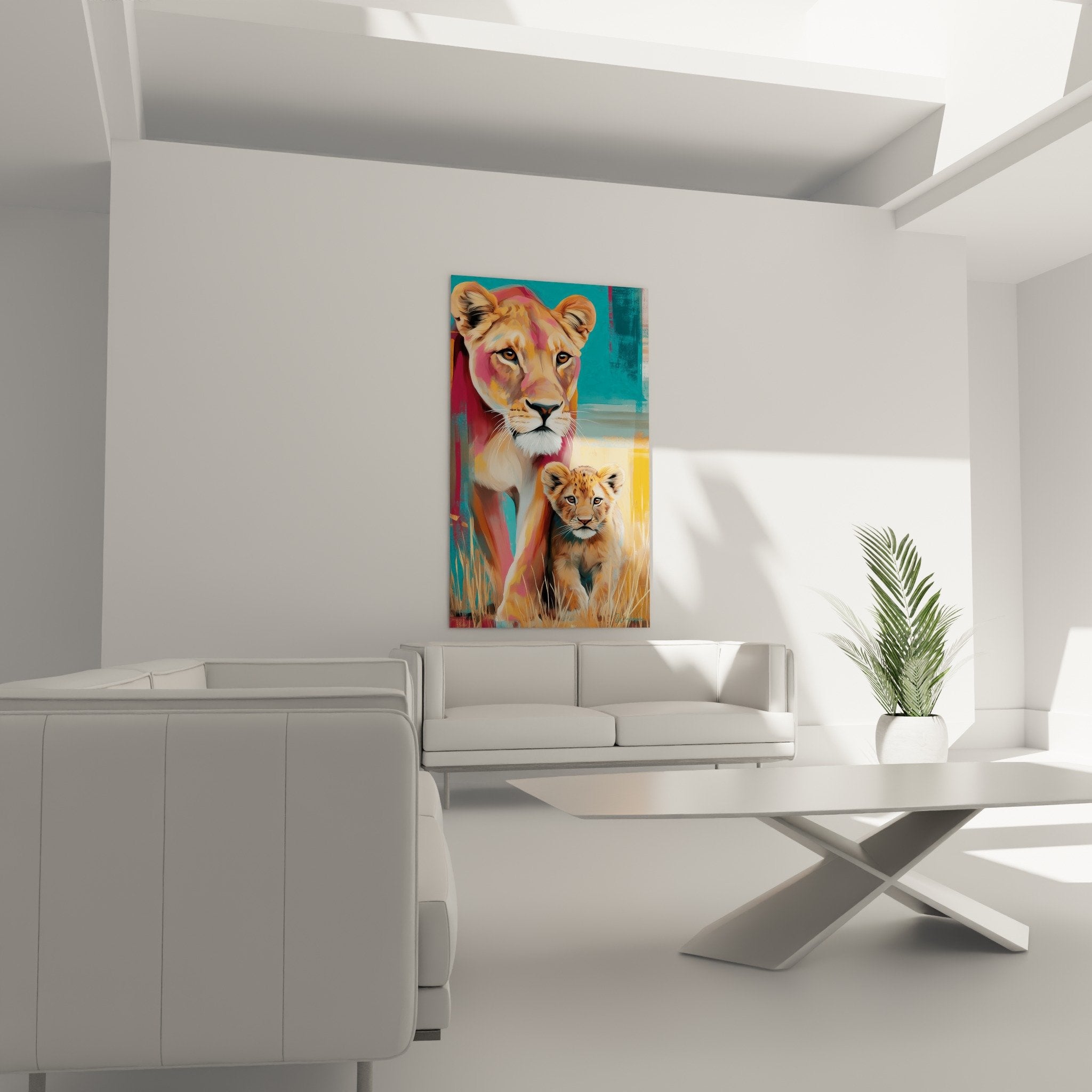 Dettaglio quadro leonessa sguardo tenero colori vibranti pittura moderna fauvismo arte contemporanea turchese