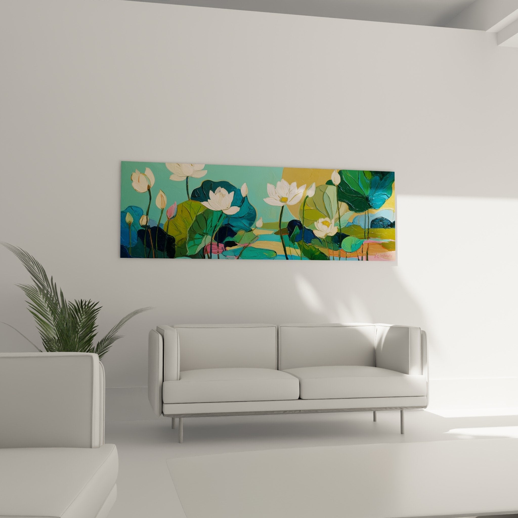 Detail lotus blanc petales delicats feuilles vertes peinture florale aquatique