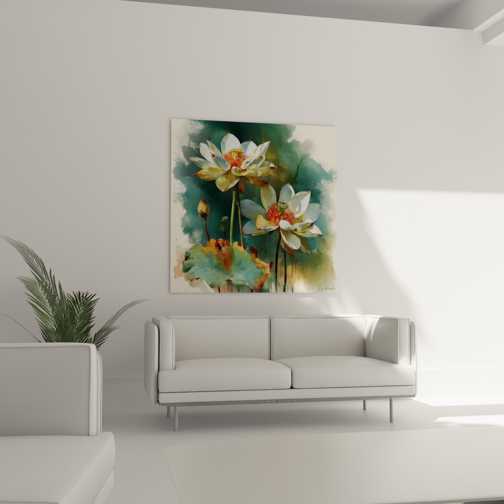 Detail fleur lotus blanche coeur orange filaments aquarelle moderne technique lavis fluides