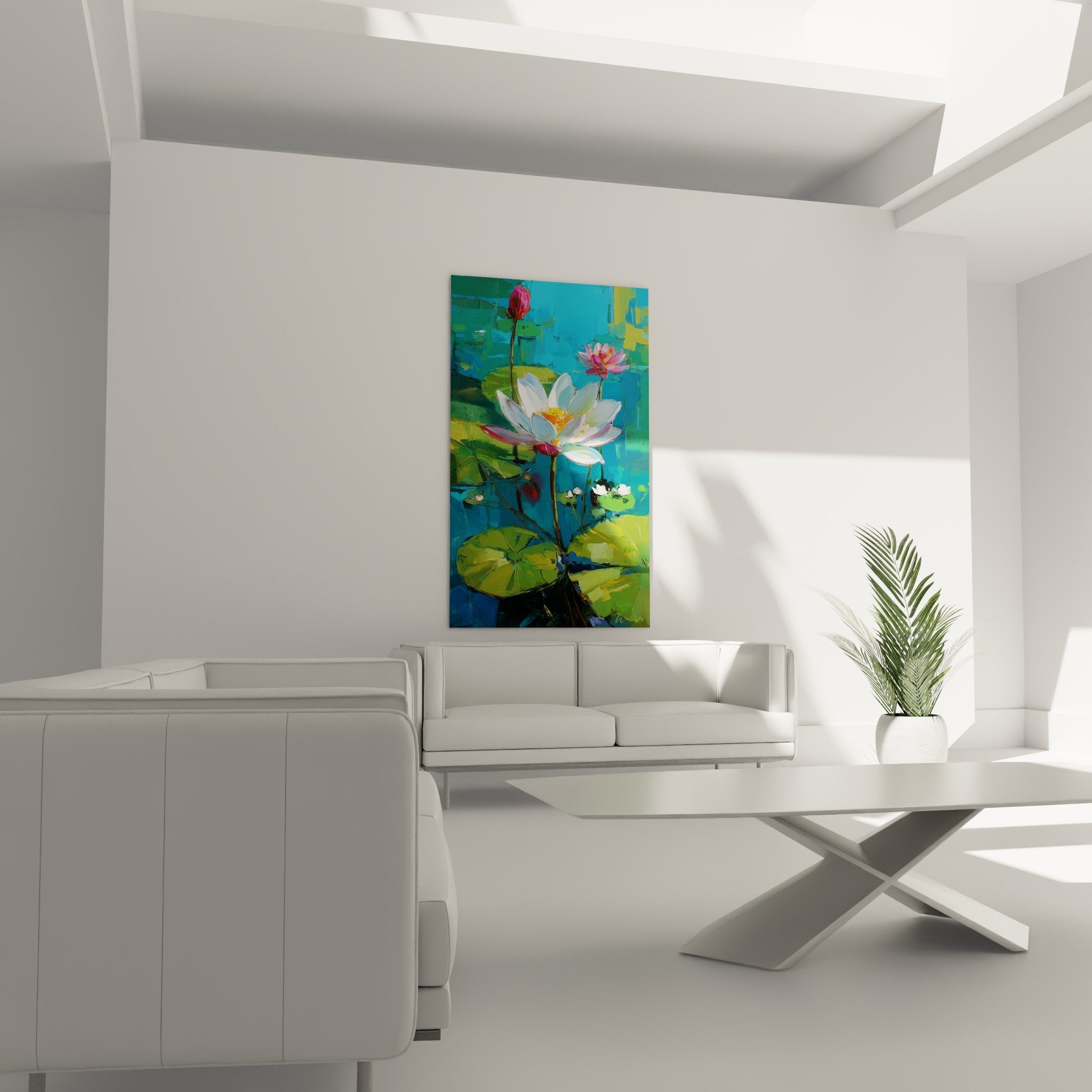 Détail peinture lotus blanc aux pétales délicats avec cœur doré sur fond aquatique bleu