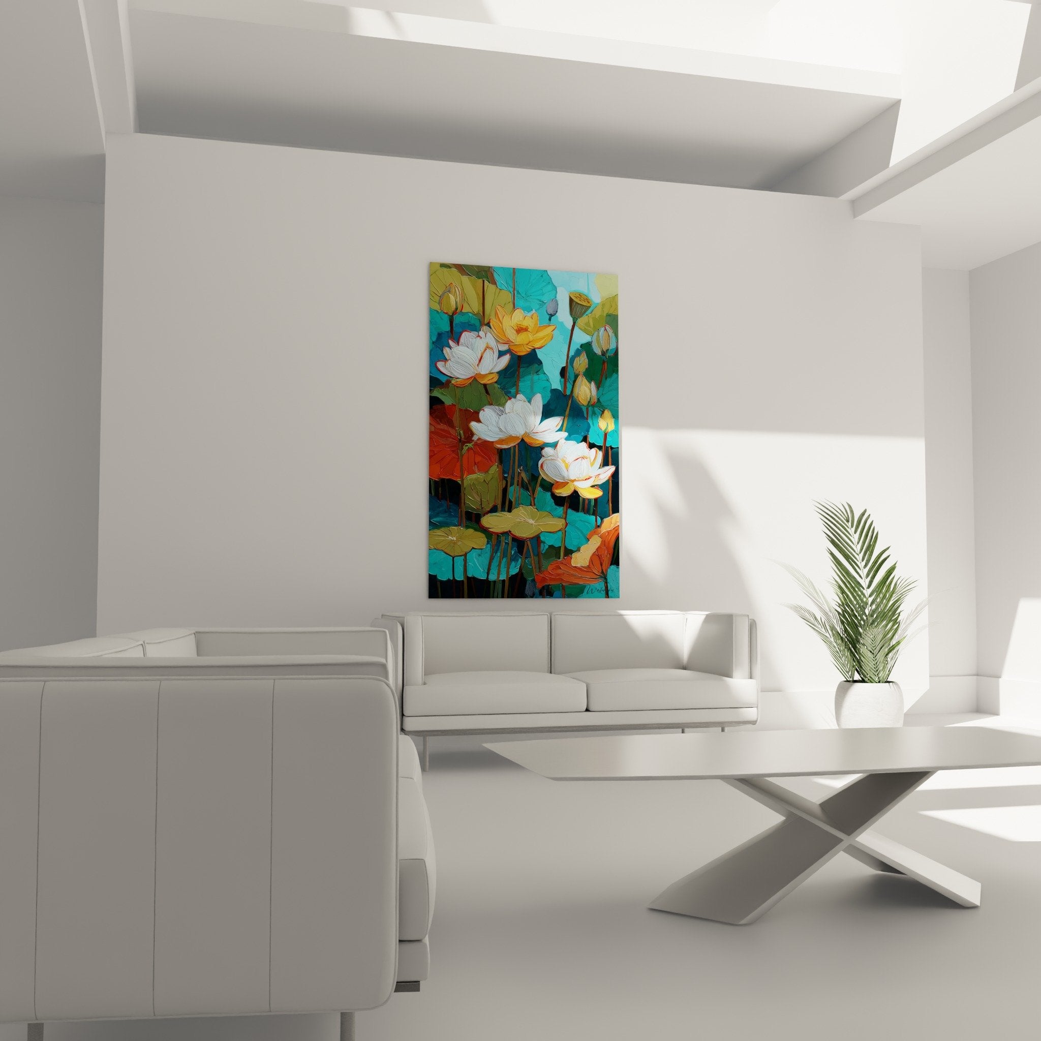 Detail of white and yellow lotus flowers on turquoise leaves graphic style painting