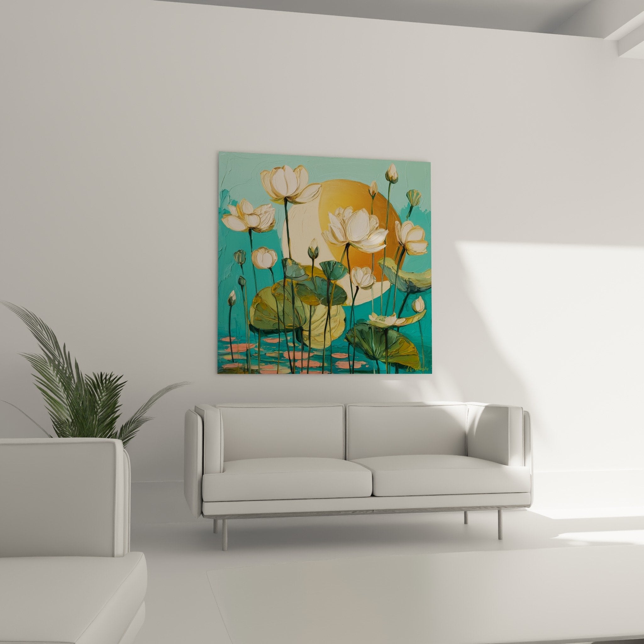 Detail tableau lotus blancs petales dores feuilles vertes eau turquoise nenuphares zen