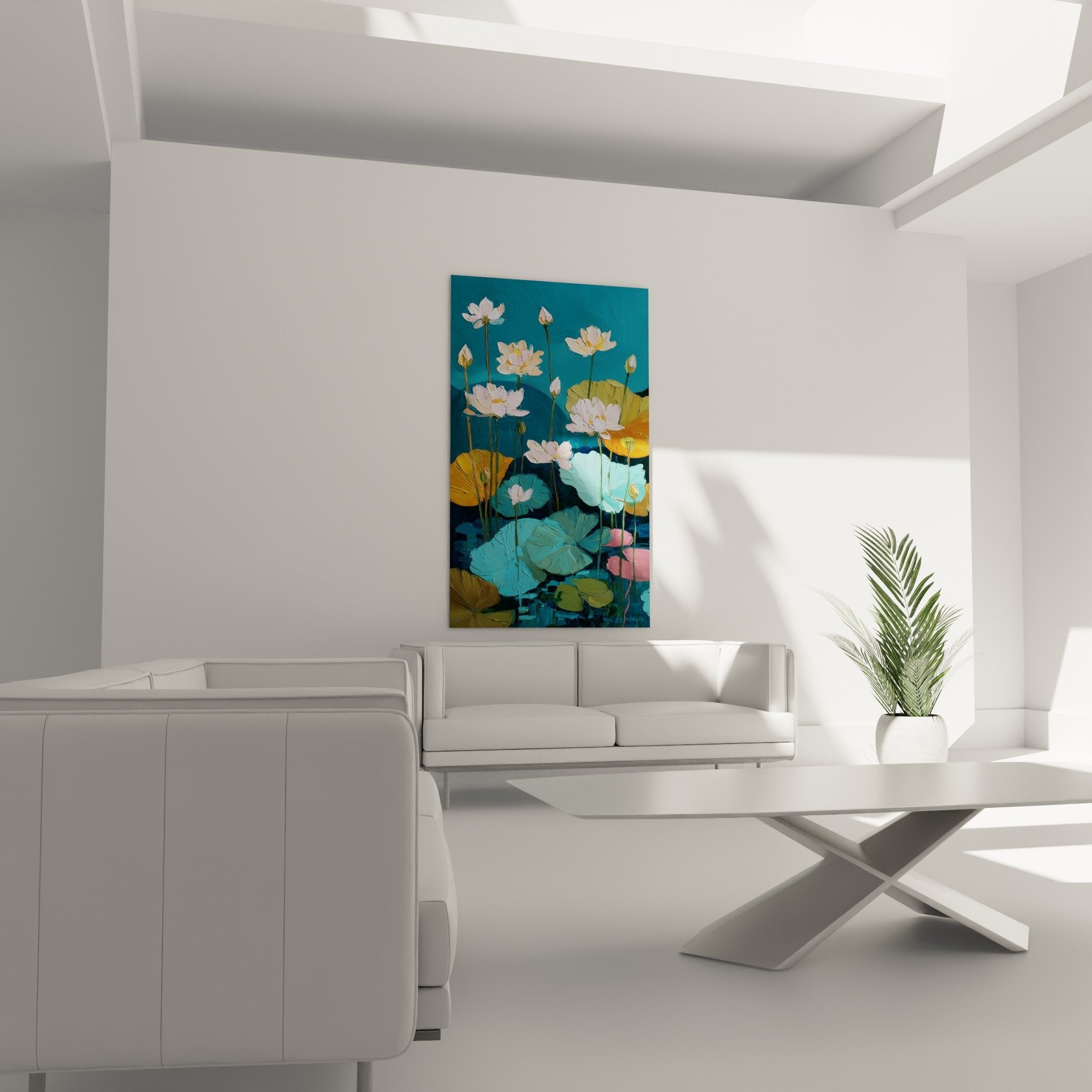 White lotus painting detail - impasto technique and vibrant turquoise colors