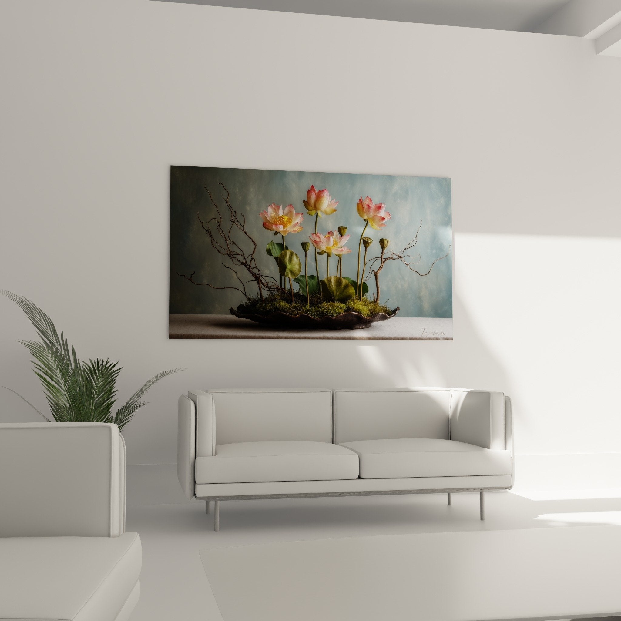 detail lotus roses petales poudres coeur jaune dore composition ikebana mousse naturelle