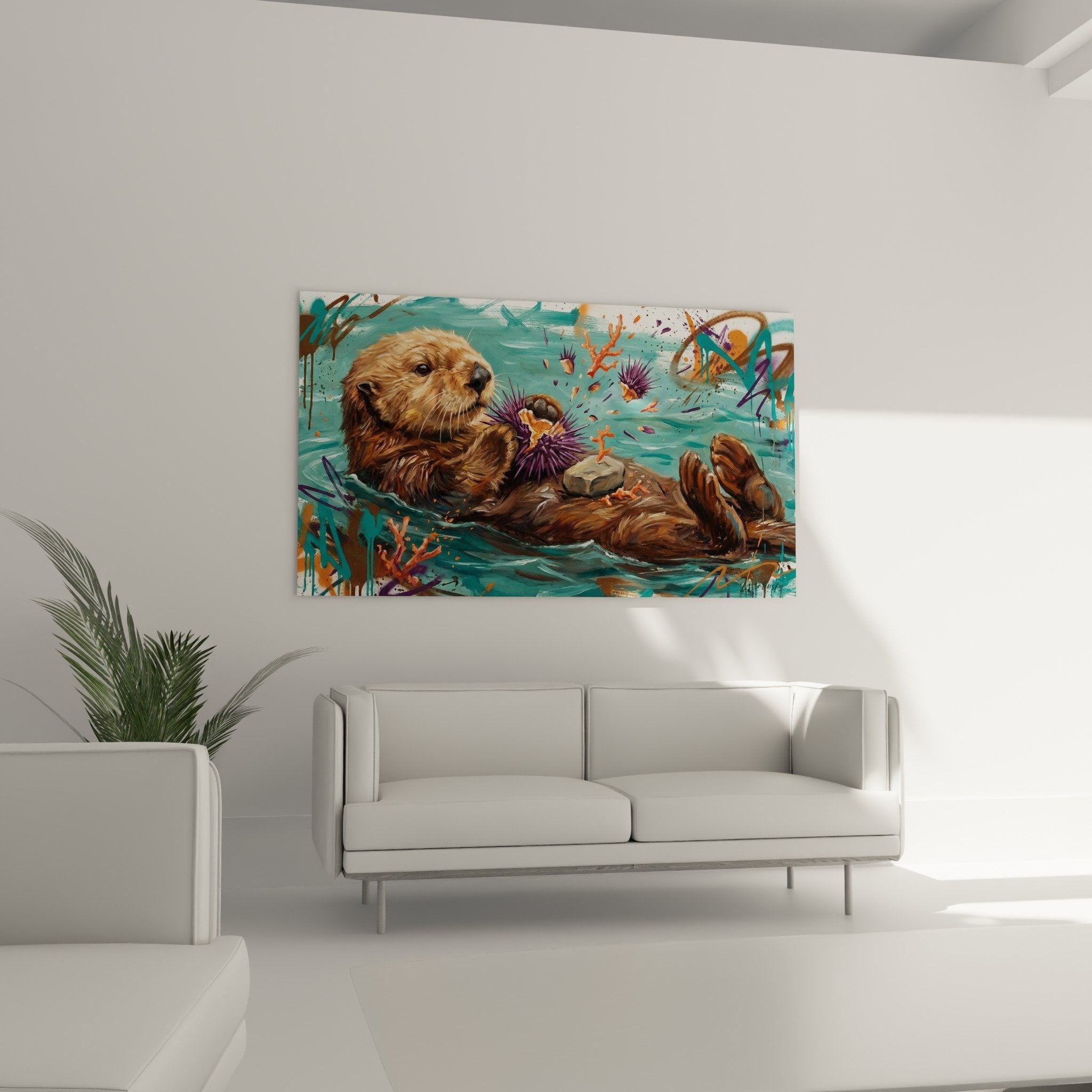 Detail tableau loutre pelage brun dore oursin piquants violets texture realiste art animalier marin