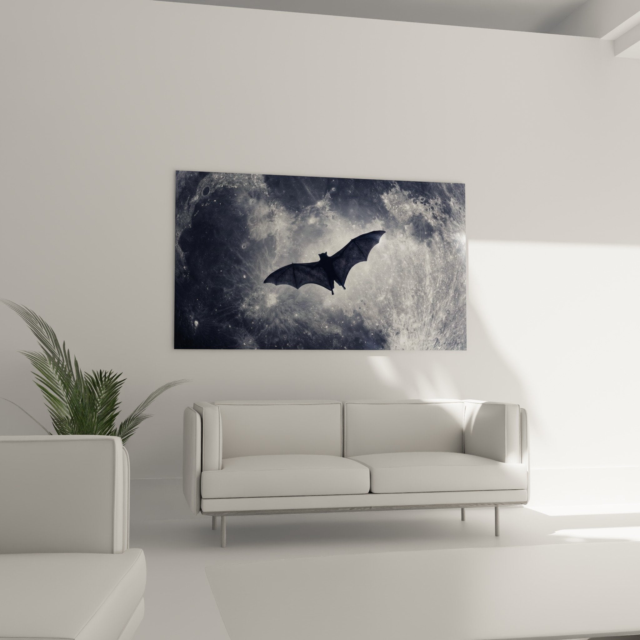 Detail surface lunaire argentee crateres texture realiste chauve-souris ailes deployees contraste noir