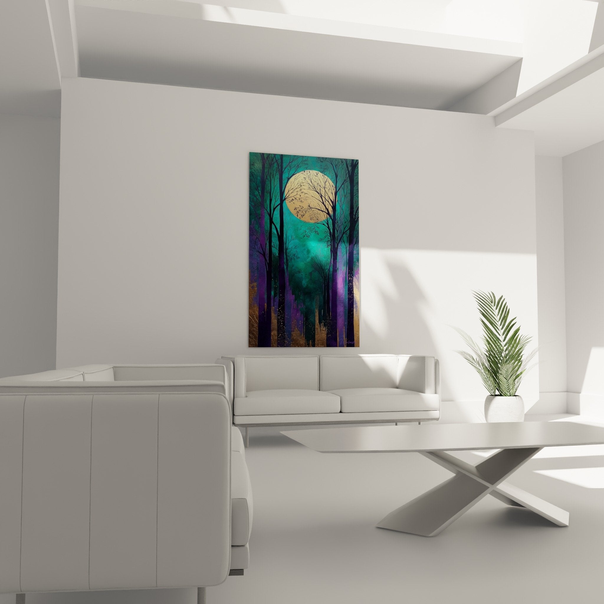 Detail tableau lune doree branches arbres reflets turquoise violet feng shui sud-est bois lumineux