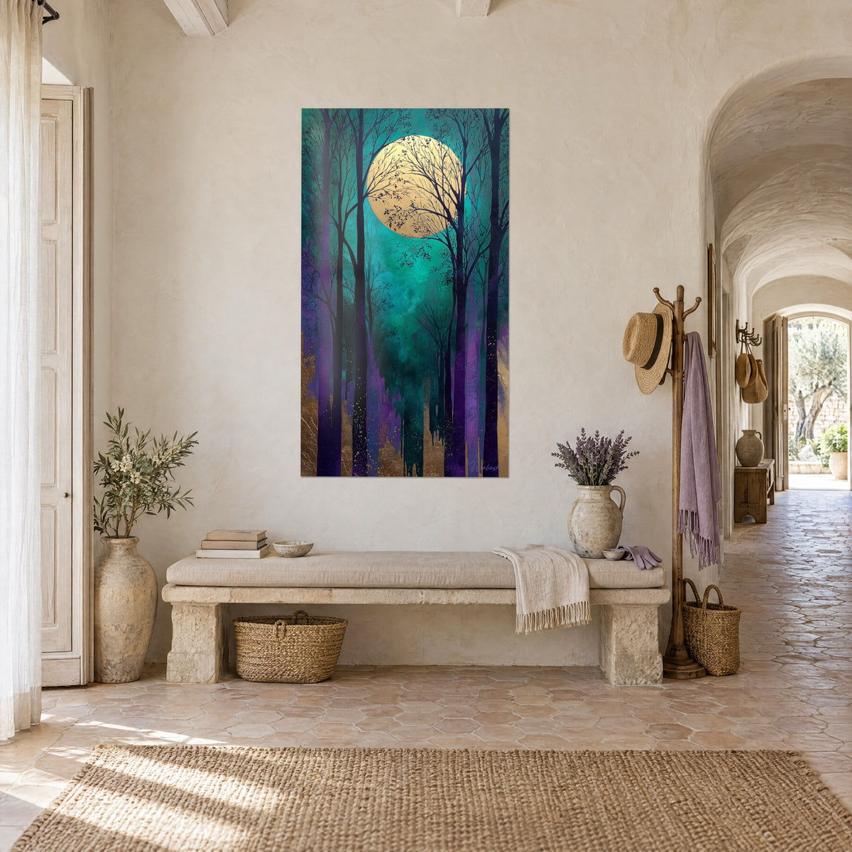 Wall art golden full moon between dark trees, emerald green and purple background, in a vaulted corridor of a Provençal farmhouse