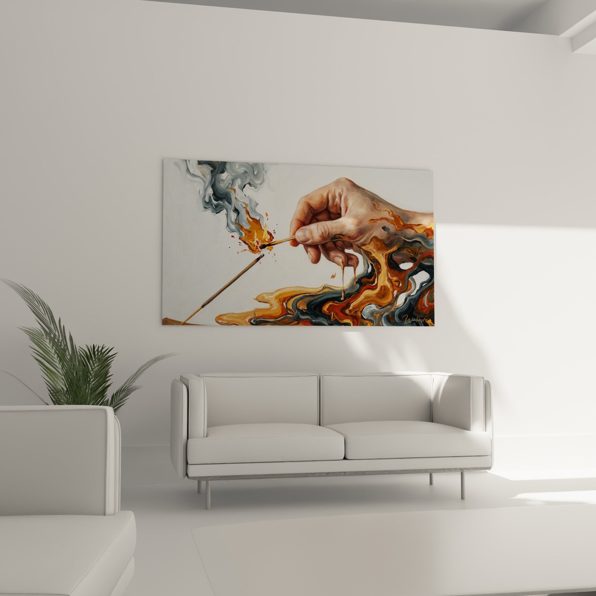 Detail main baton encens allume flammes orangees fumee volutes couleurs fluides art spirituel contemporain