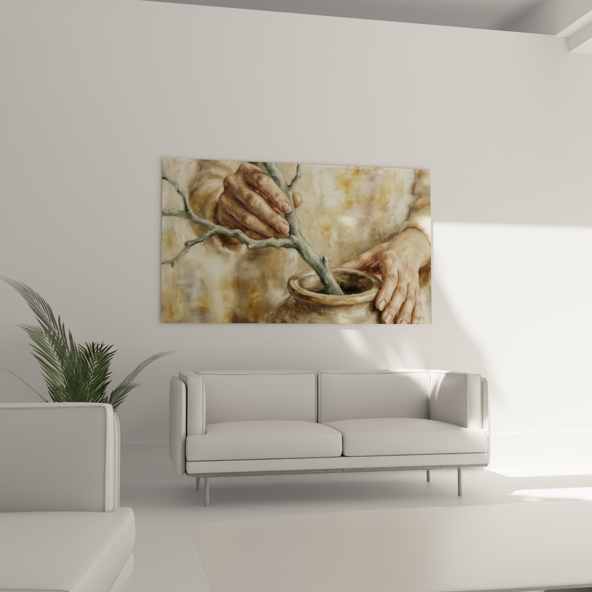 detail mains artisan potier argile texture beige ocre tableau art japandi geste createur authentique