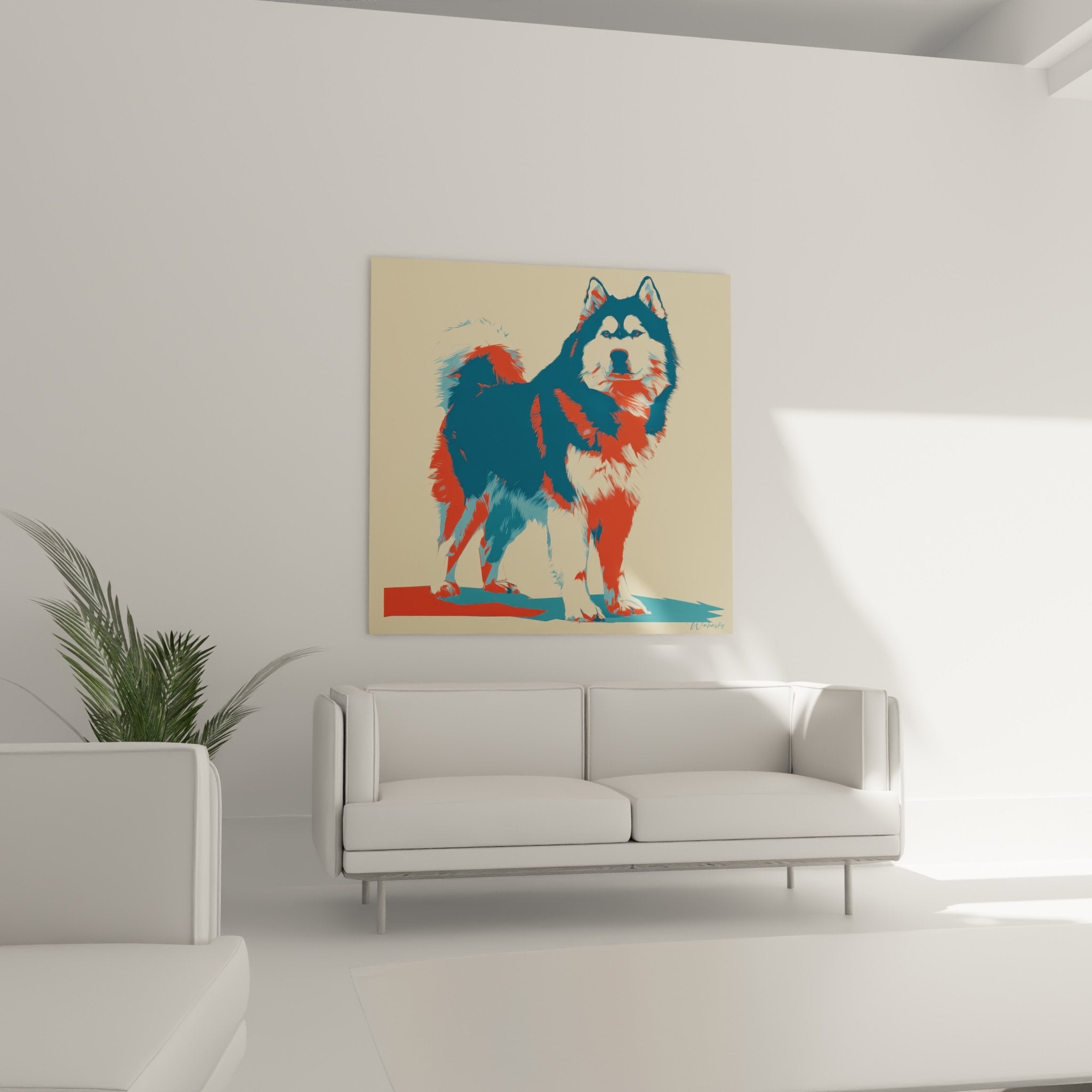 Alaskan Malamute portrait detail pop art technique contrasting blue red colors