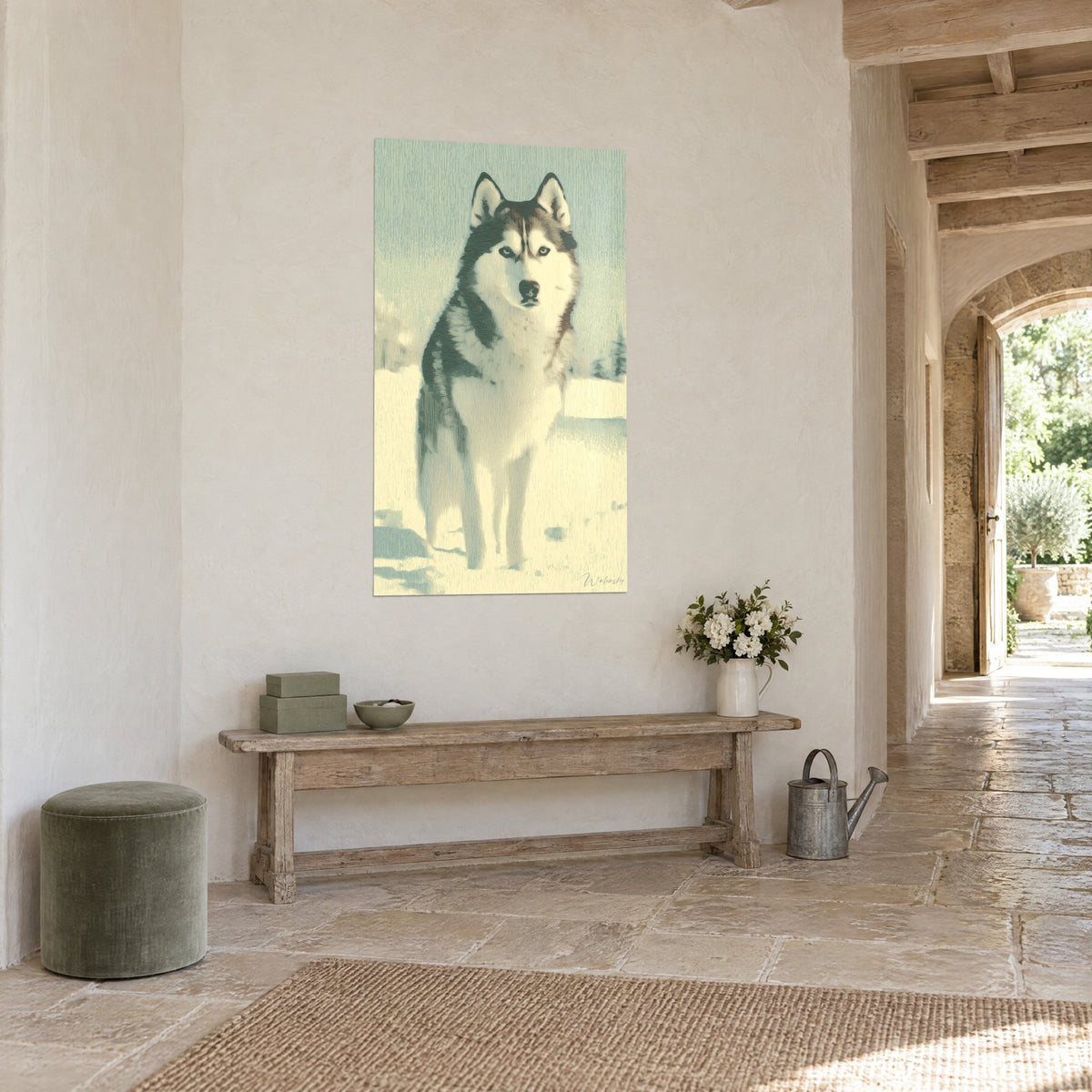 Wall art nordic wolf with an icy gaze, white and charcoal fur against a snowy backdrop, stone entryway and arch
