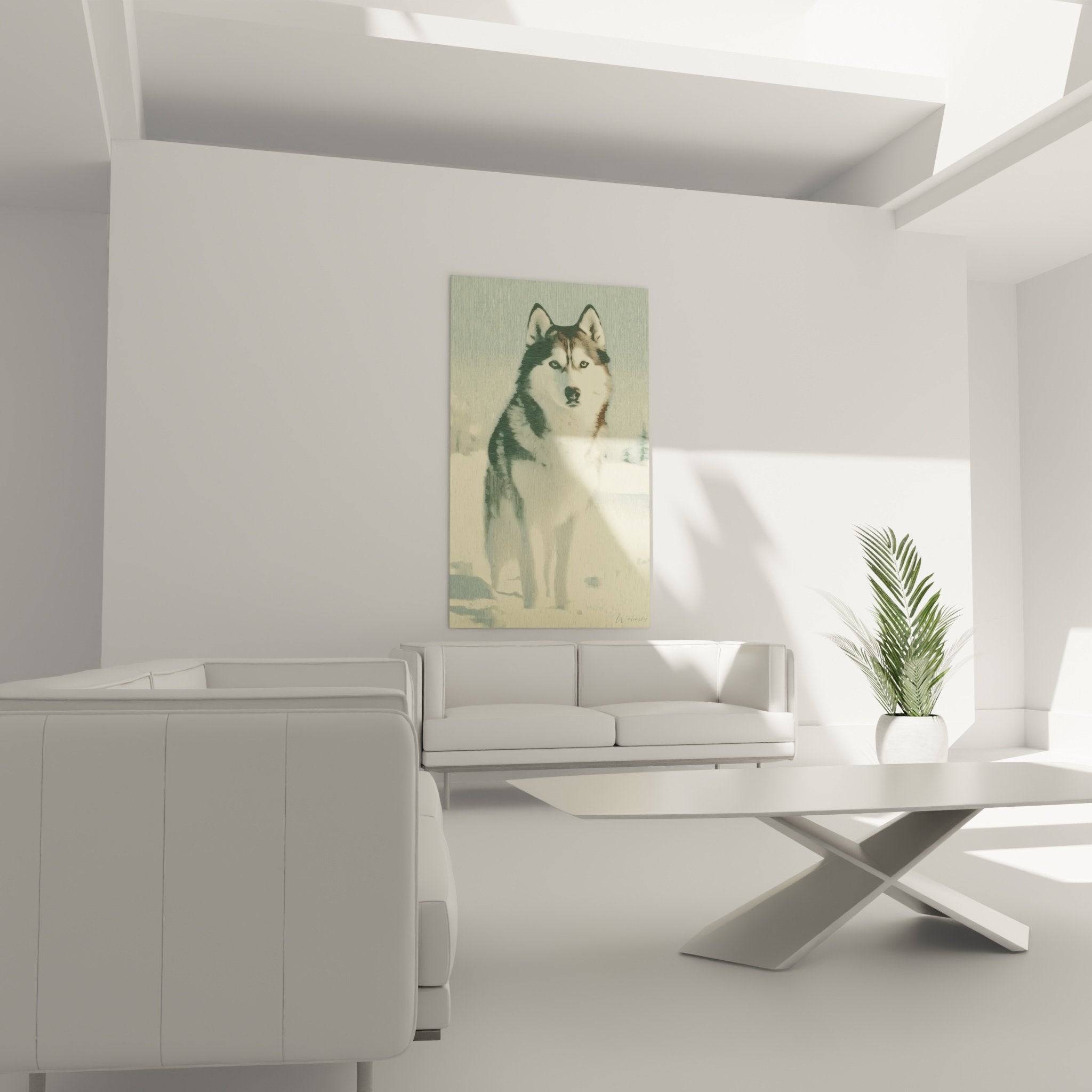Gros plan tableau malamute alaska regard bleu intense pelage gris brun texture artistique pastel