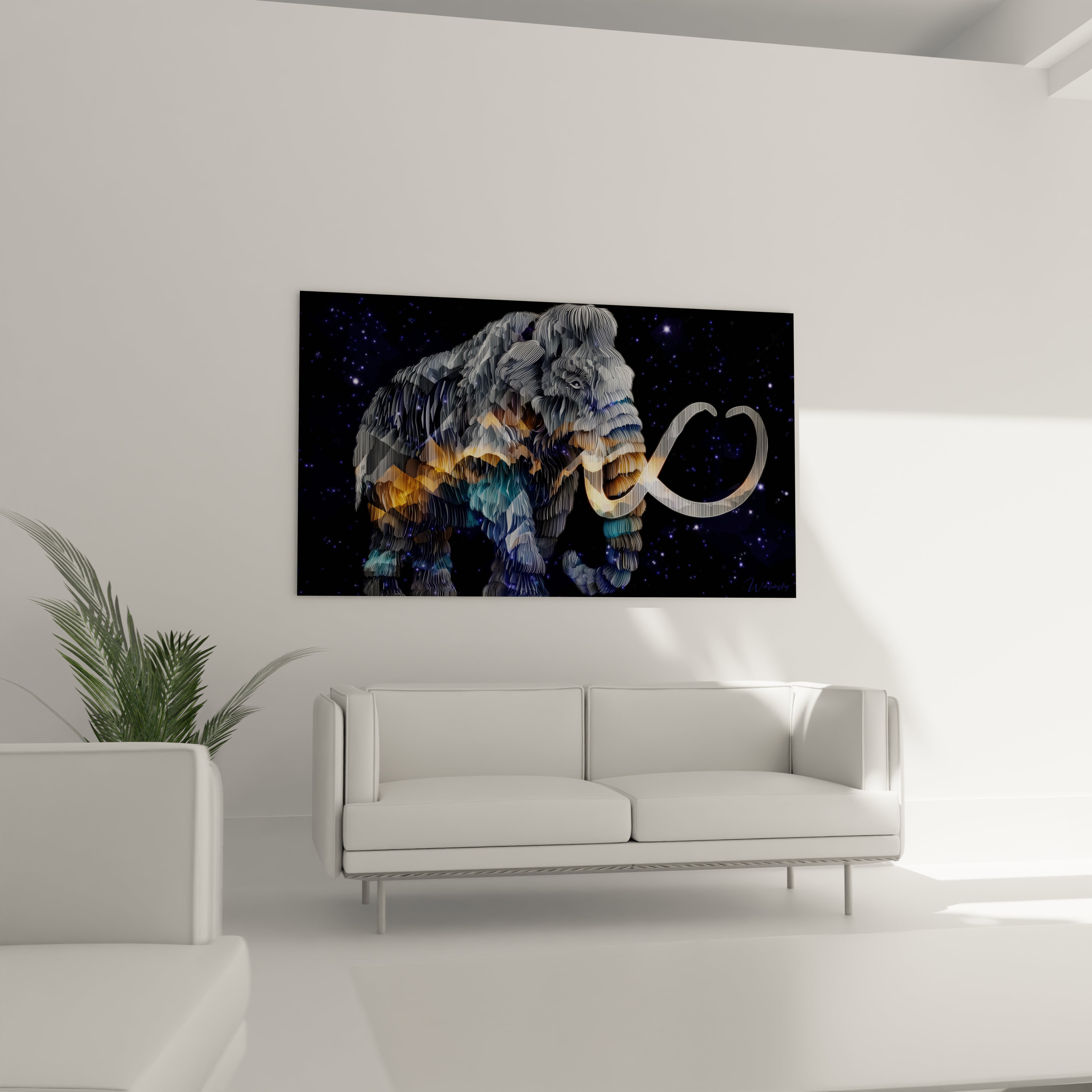 Détail gros plan mammouth laineux art mural couleurs vibrantes orange bleu