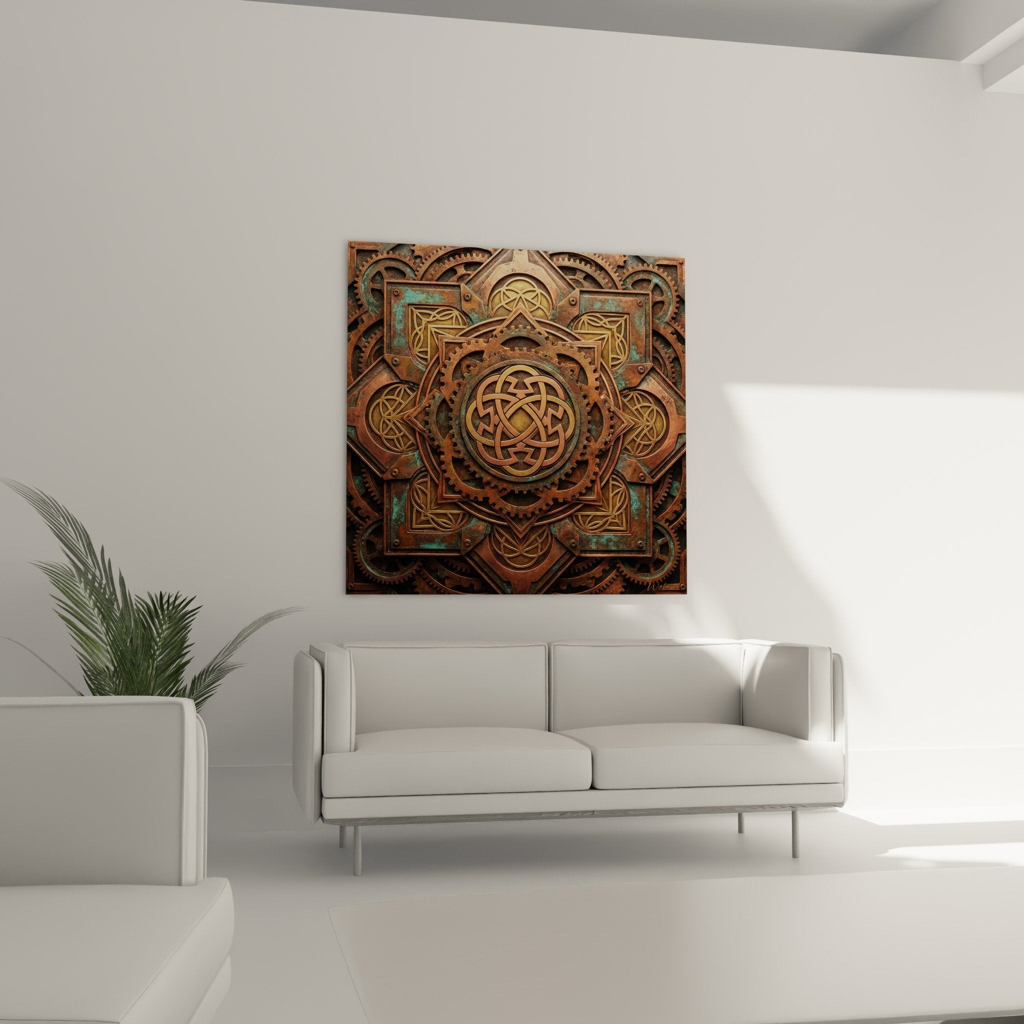 Détail mandala cuivre : engrenages sculptés, patine verte, motifs celtiques dorés et rivets métalliques