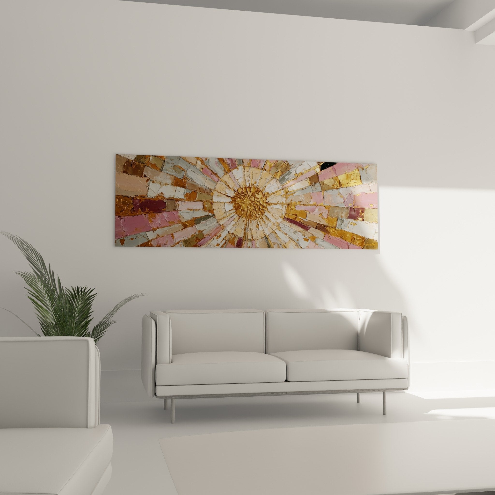 Golden mandala center detail with crackle textures and dusty pink rays