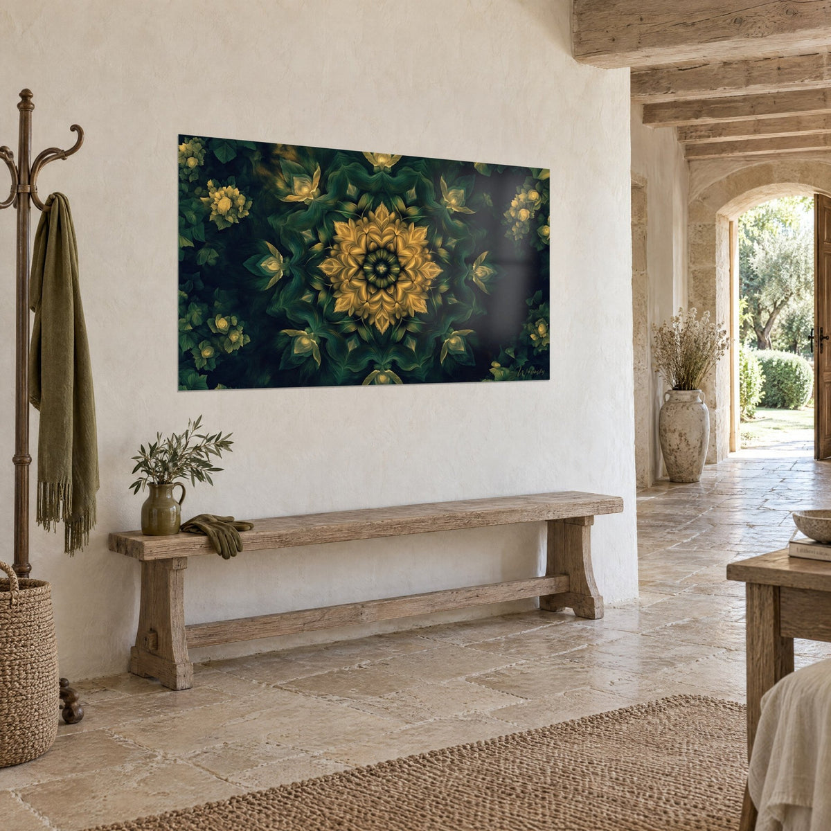 Tableau rosace fractale aux feuilles émeraude et pétales jaune miel, sur un mur de pierre près d'un banc rustique