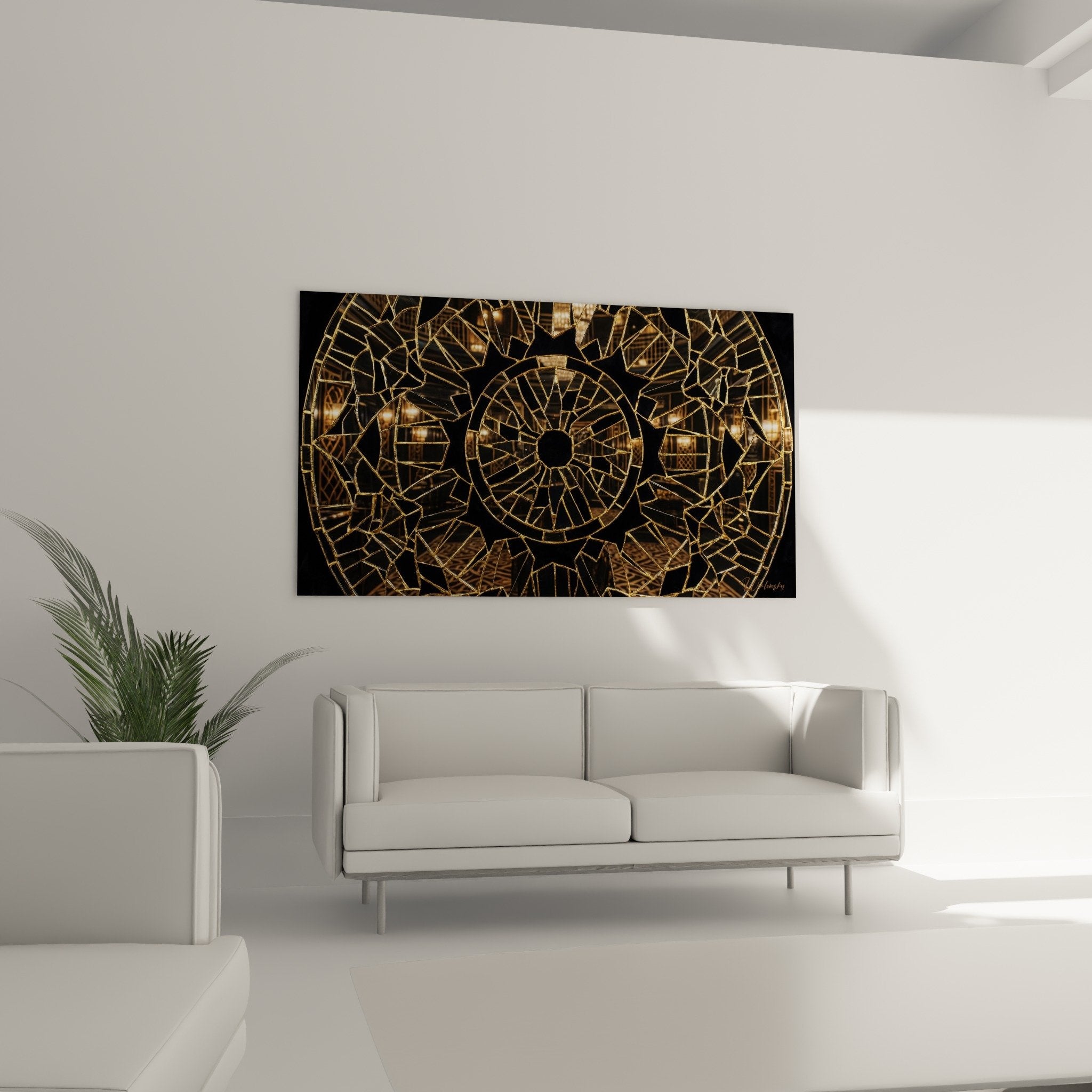 Gros plan sur details mandala geometrique eclats dores fragments metalliques effet mosaique brisee