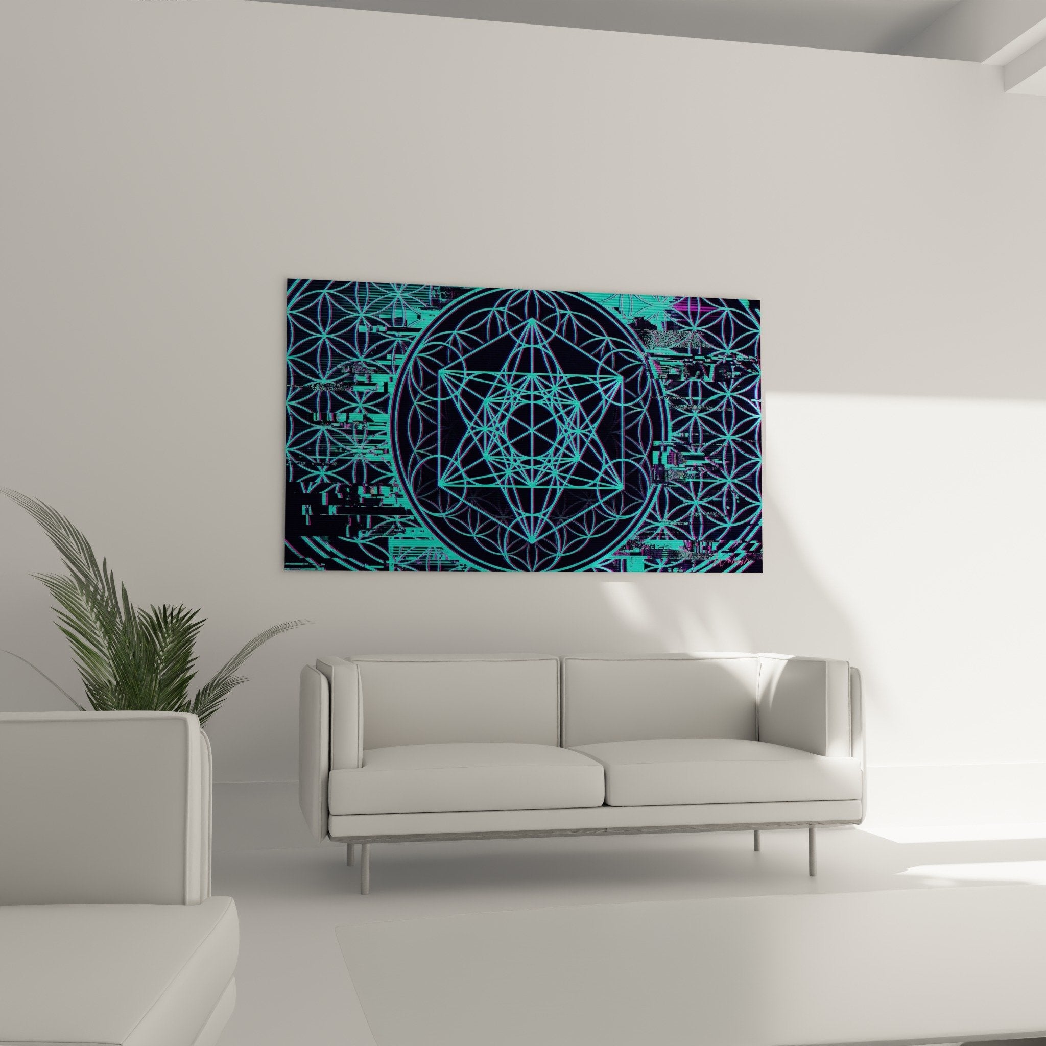 Détail rapproché mandala cube Métatron turquoise avec motifs Fleur de Vie et interférences numériques violettes