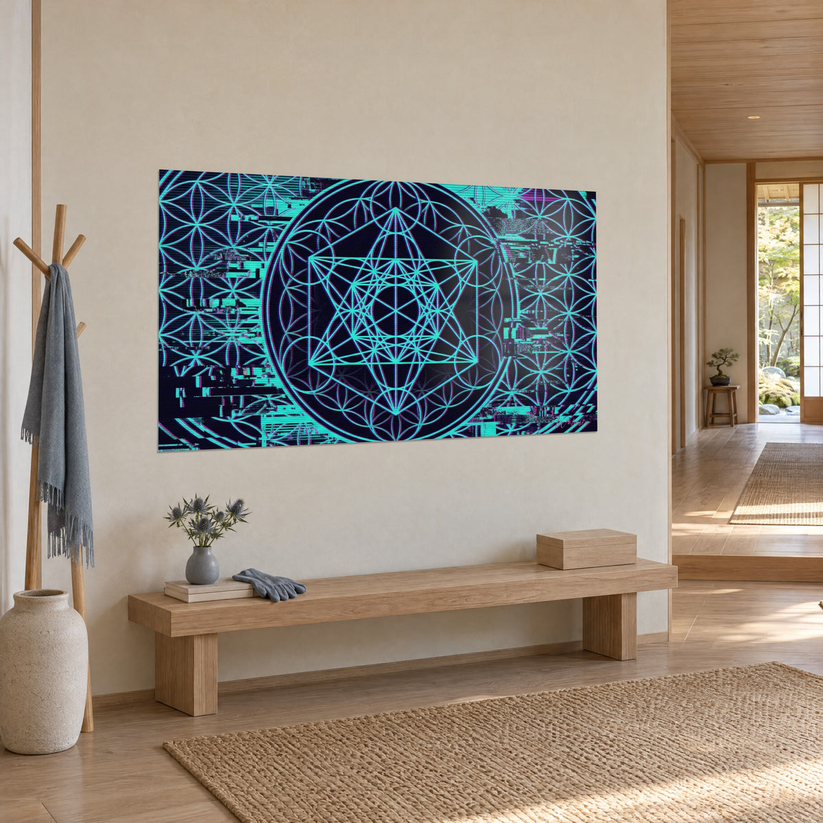 Wall art flower of life in glowing turquoise, interlocking circles and violet glitch grids, three-quarter view on a cream wall