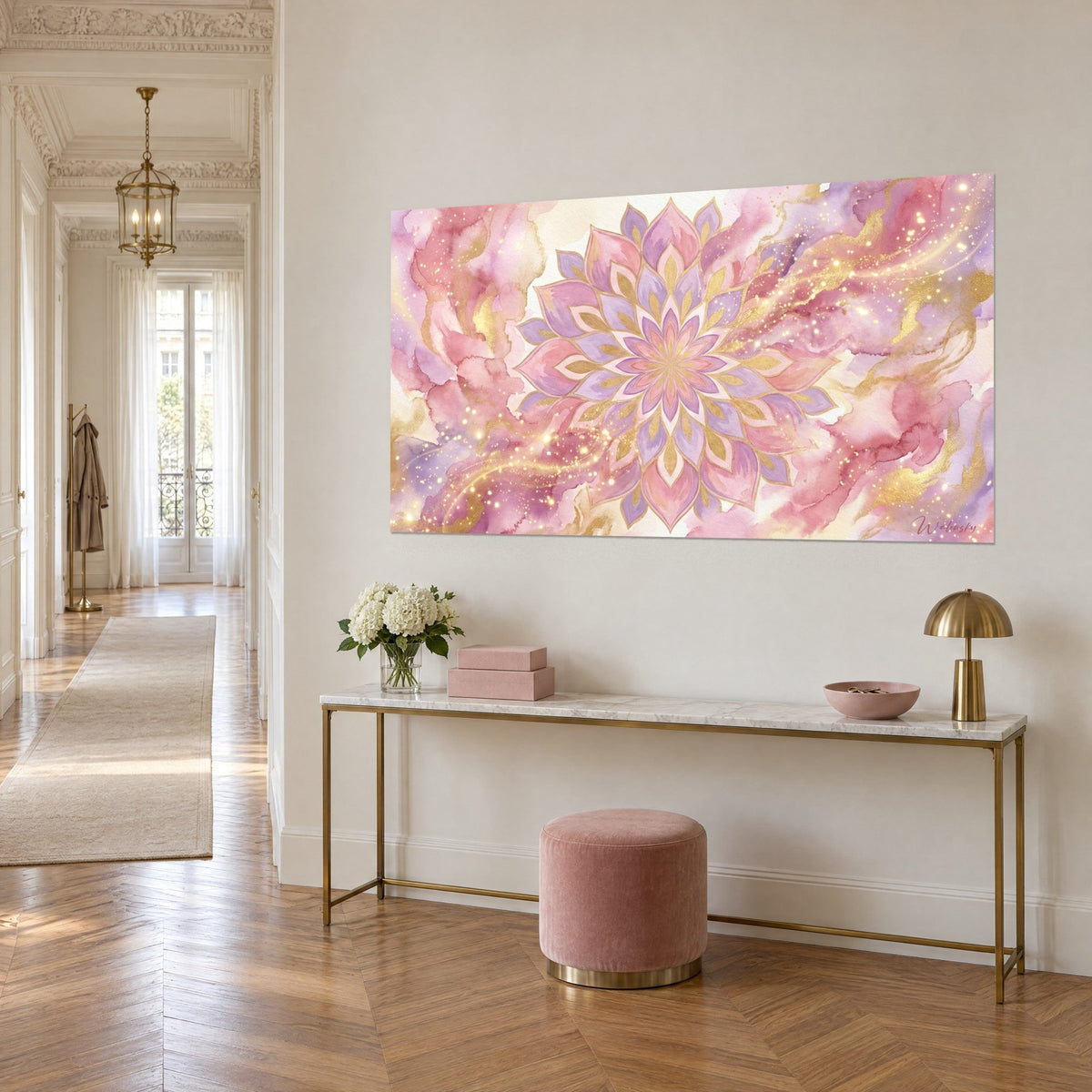 Wall art with a geometric flower with mauve and peach petals, gold lines, above a brass console in a Haussmann-style hallway