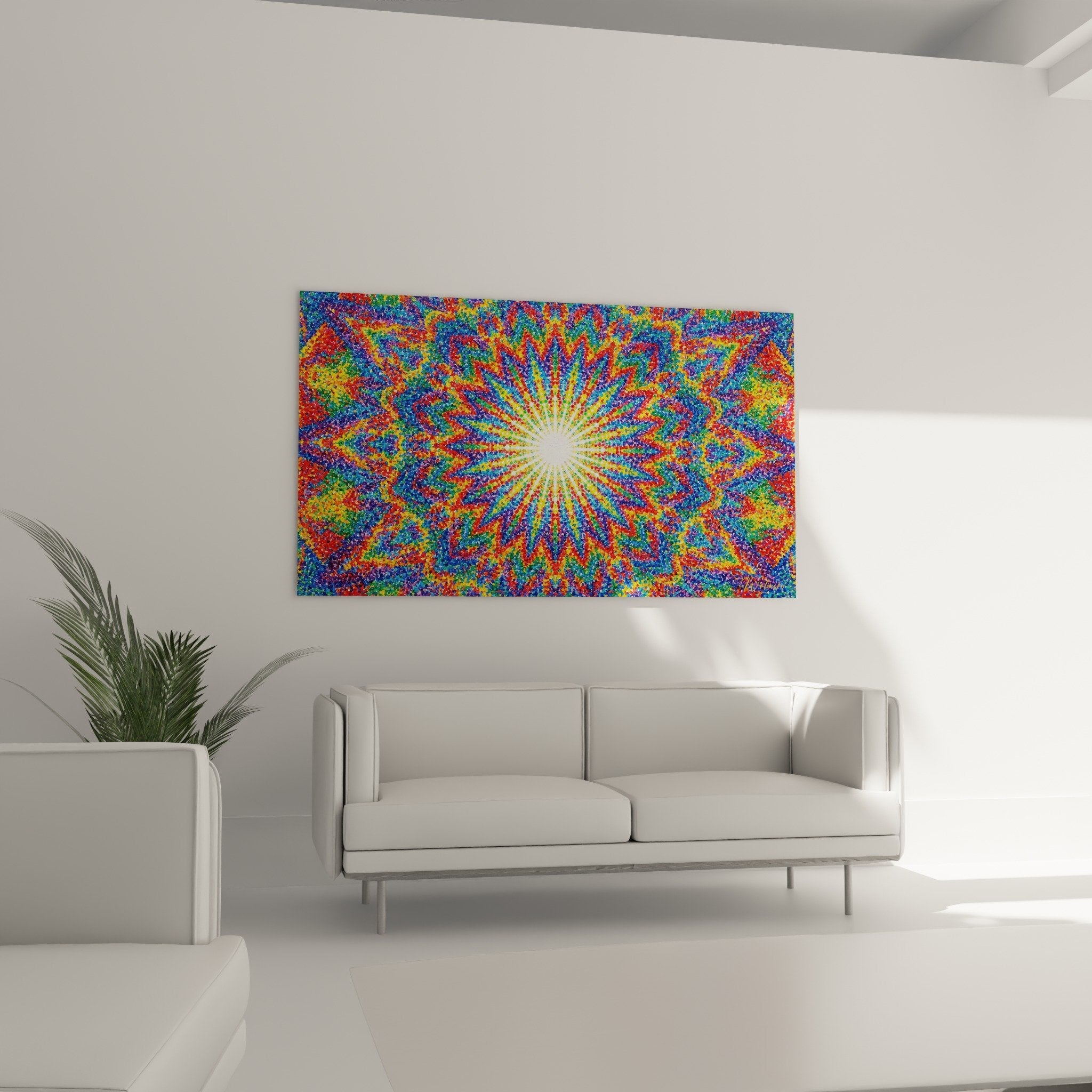 Detail mandala pointilliste explosion radiale points colorés technique artistique rouge orange jaune vert bleu violet