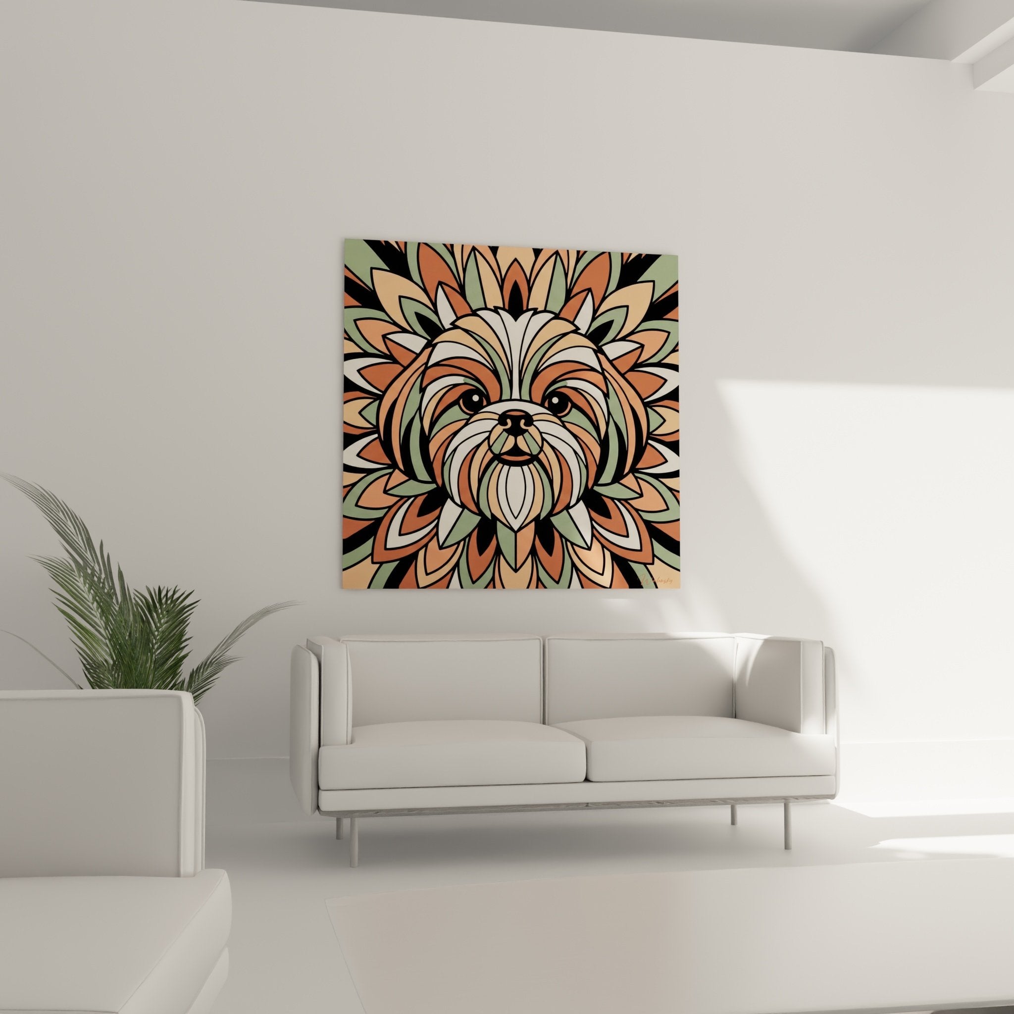 Dettaglio ravvicinato del ritratto Shih Tzu che mostra i motivi floreali geometrici e la palette terra di Siena