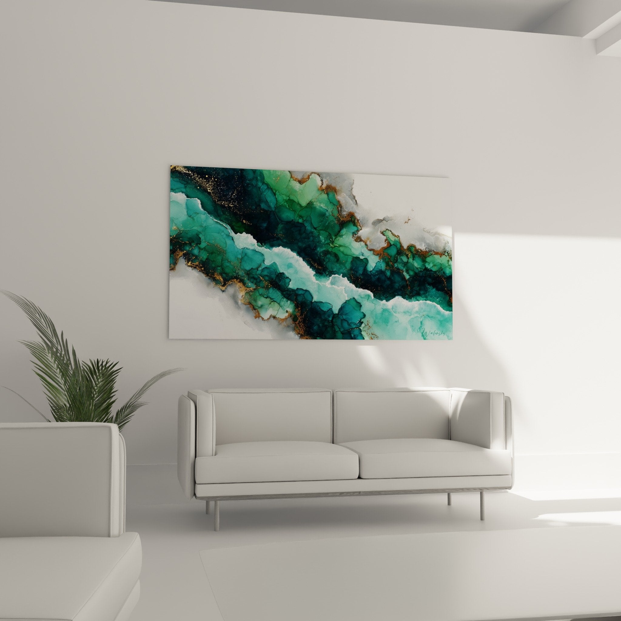 Détail tableau marbre abstrait inclusions dorées fluides turquoise cristallisations blanches