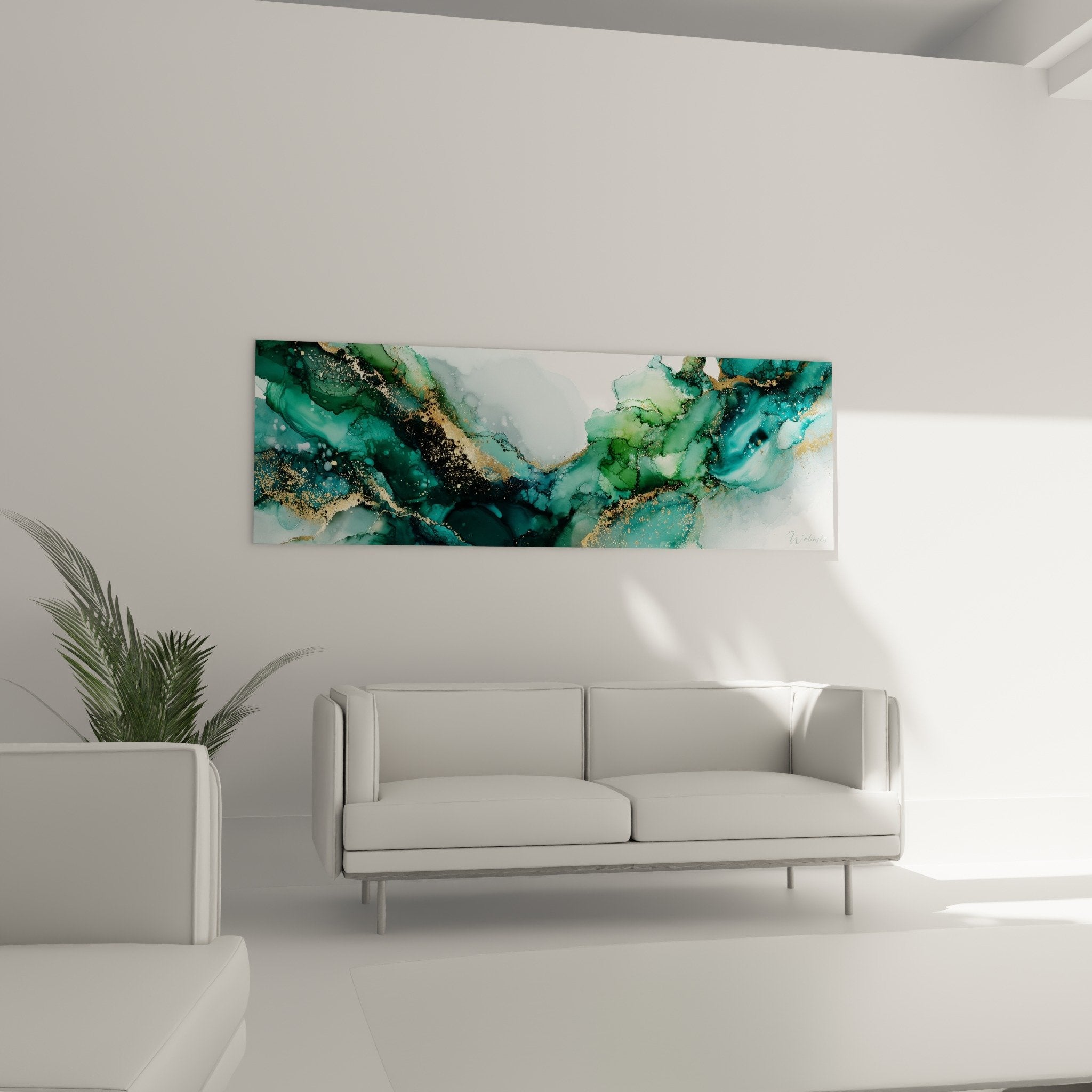 Détail rapproché tableau marbre abstrait montrant veines dorées et nuances turquoise en haute définition