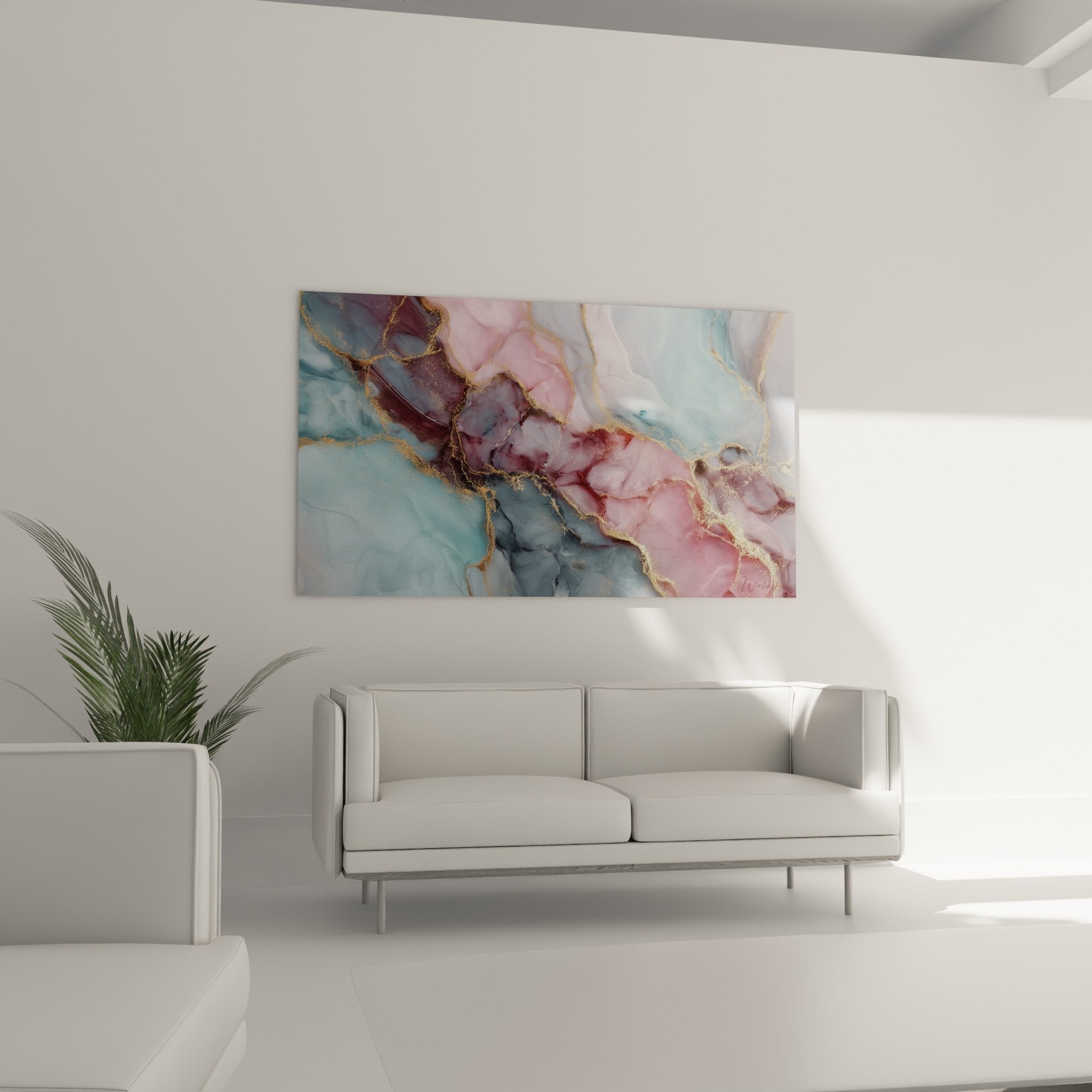 Détail tableau marbre abstrait montrant fusion couleurs bleu turquoise rose et tracés dorés scintillants