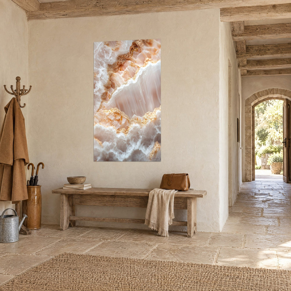 Wall art with mineral crystals in soft pink and sparkling gold lines, hung in a stone corridor with a wooden bench, three-quarter view