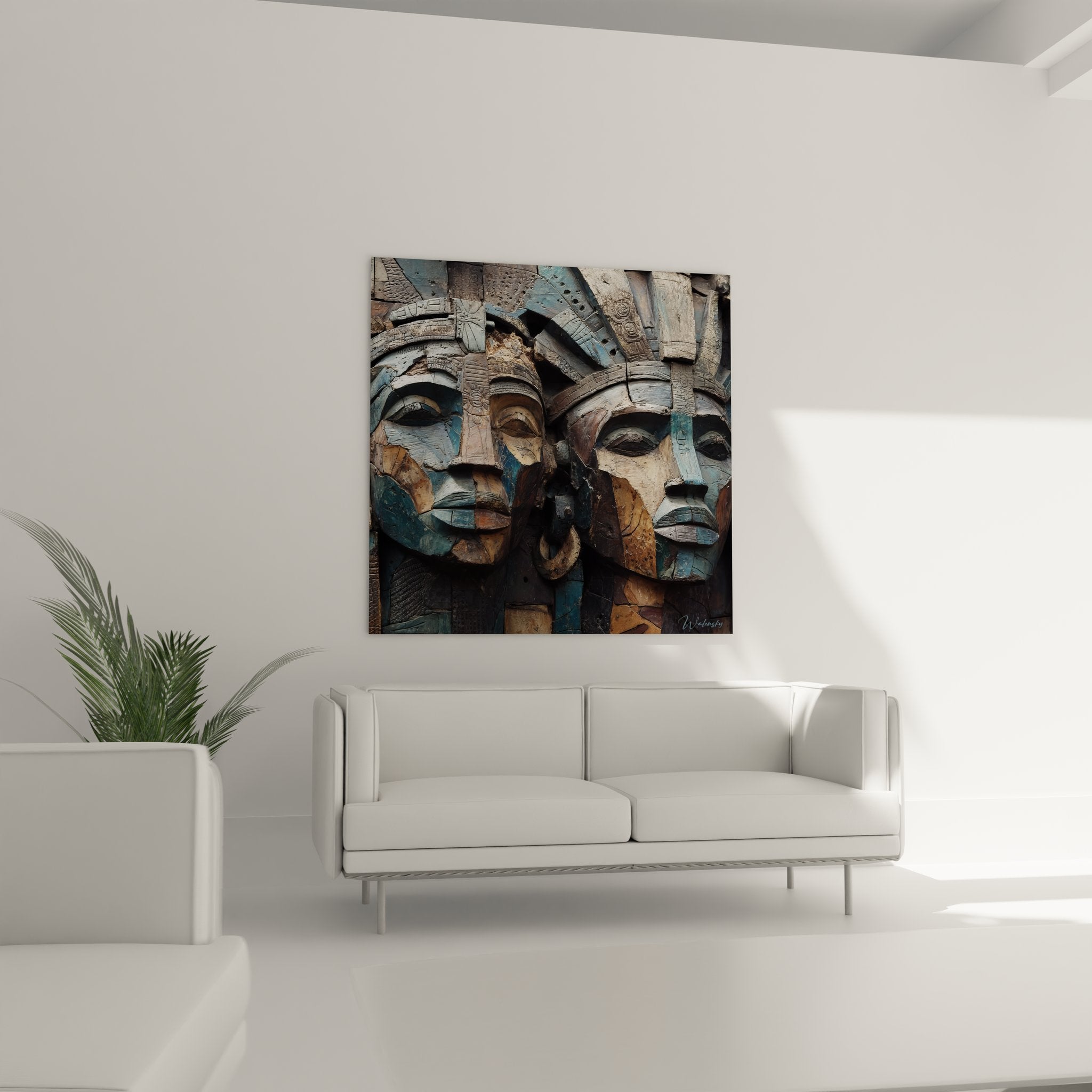 Gros plan détail tableau masque africain sculpture bois texture patine artisanat tribal traditionnel