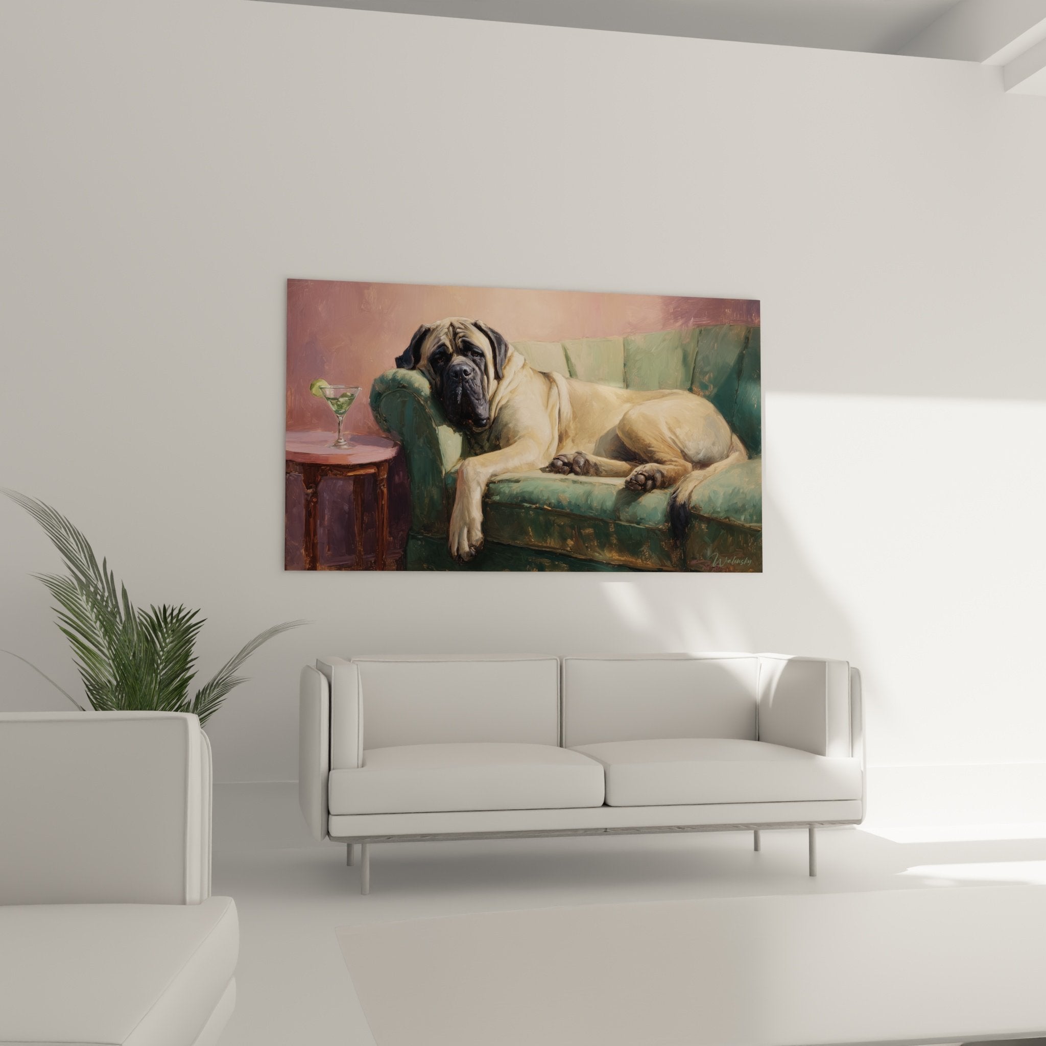 Detail mastiff anglais fauve masque sombre expression tendre repos canape velours vert jade