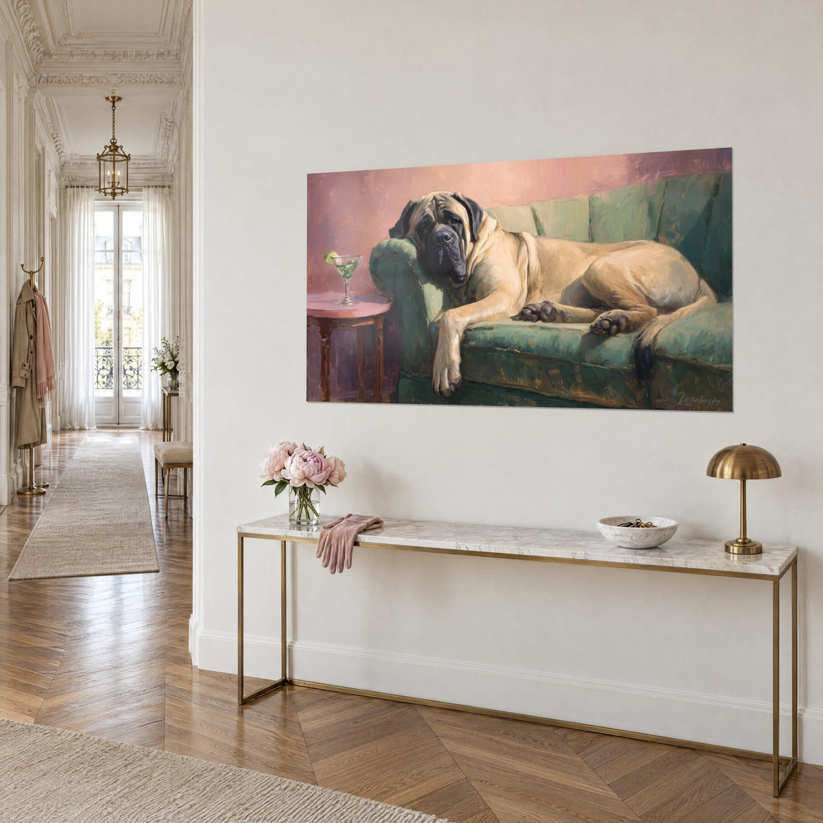 Wall art beige mastiff with a black muzzle, paw dangling over a sage-green armchair, pink side table, on a gilded Haussmann console