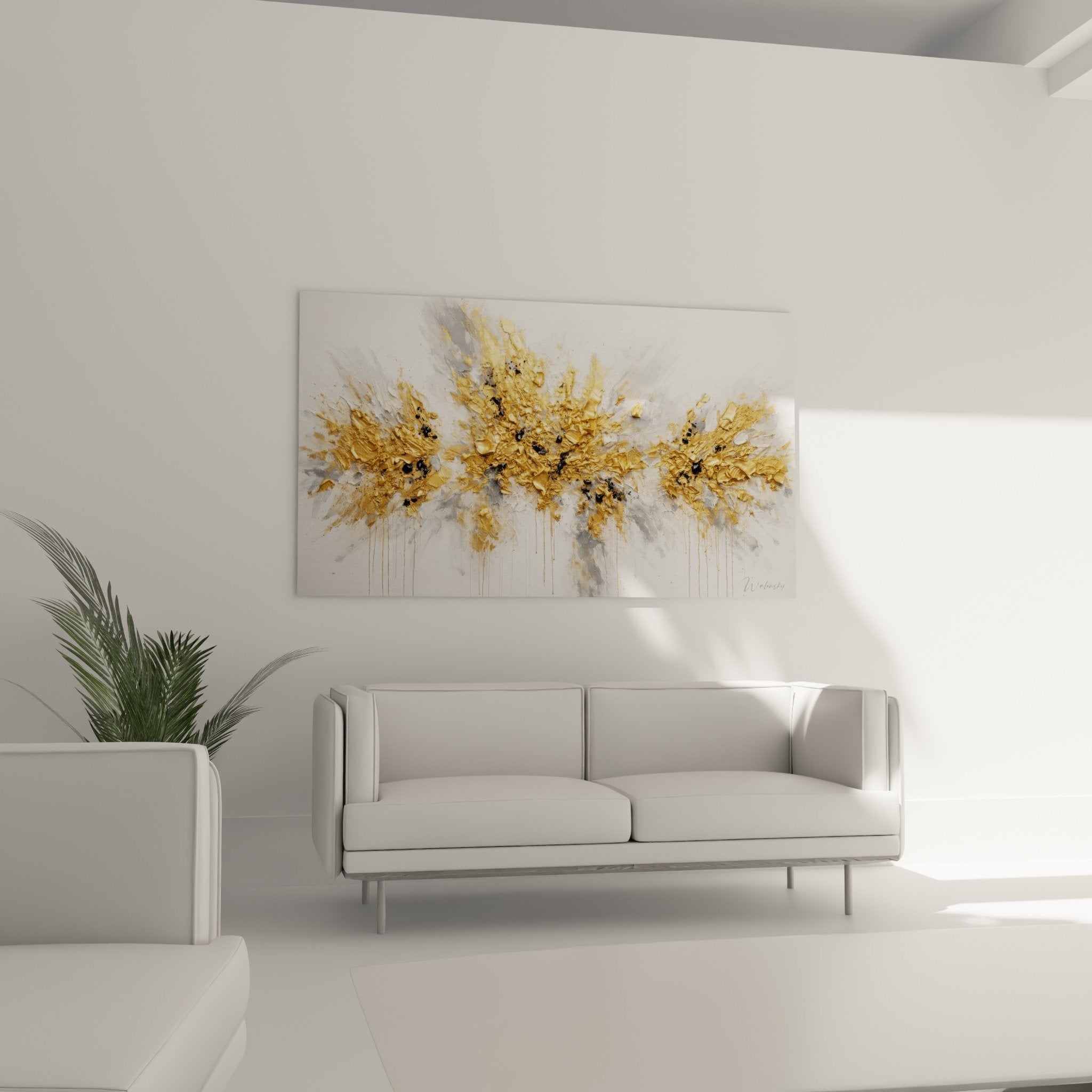 Détail matière dorée en relief avec texture métallique et coulures sur toile blanche