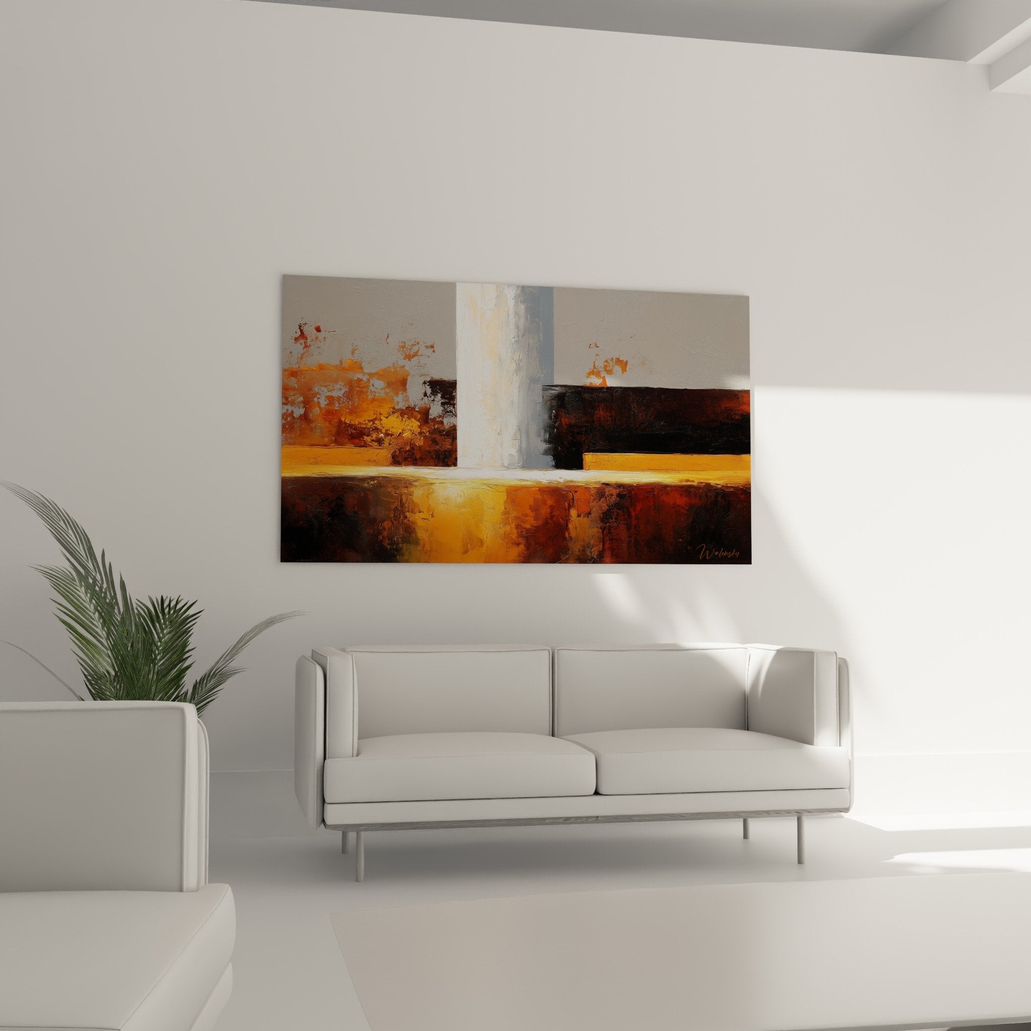 Detail strukturierter Orange- und Kupferbrauntöne mit Lichtüberlagerungen Feng-Shui-Wandbild