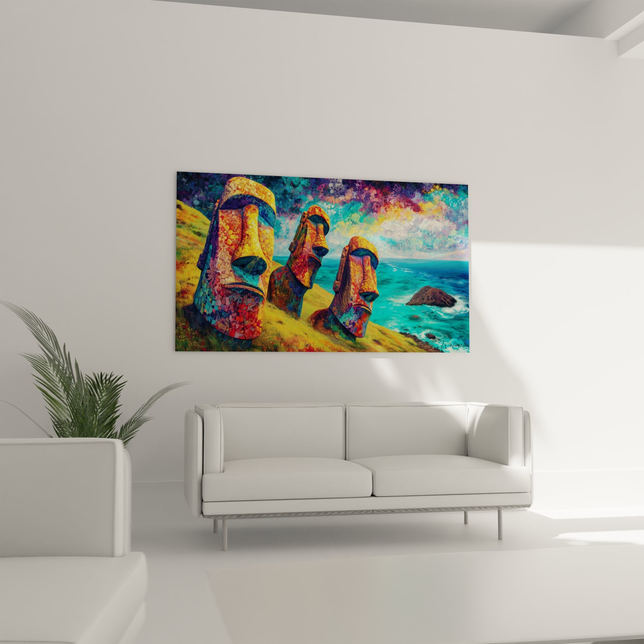 Détail sculpture Moaï colorée - Gros plan art polynésien aux motifs traditionnels vibrants