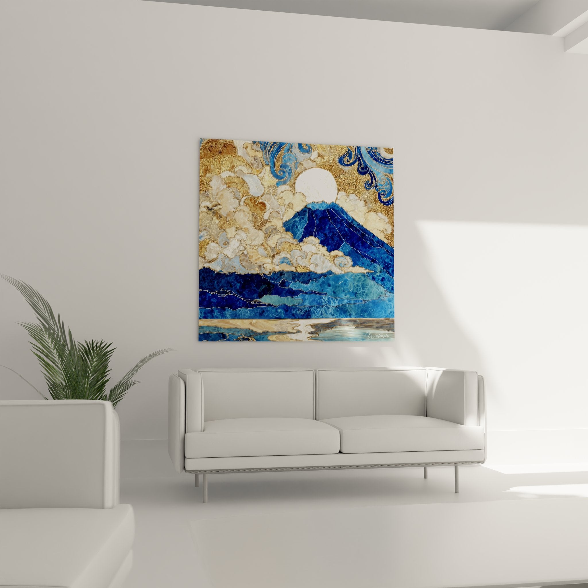 Détail tableau Mont Fuji, nuages dorés décoratifs et motifs japonais traditionnels