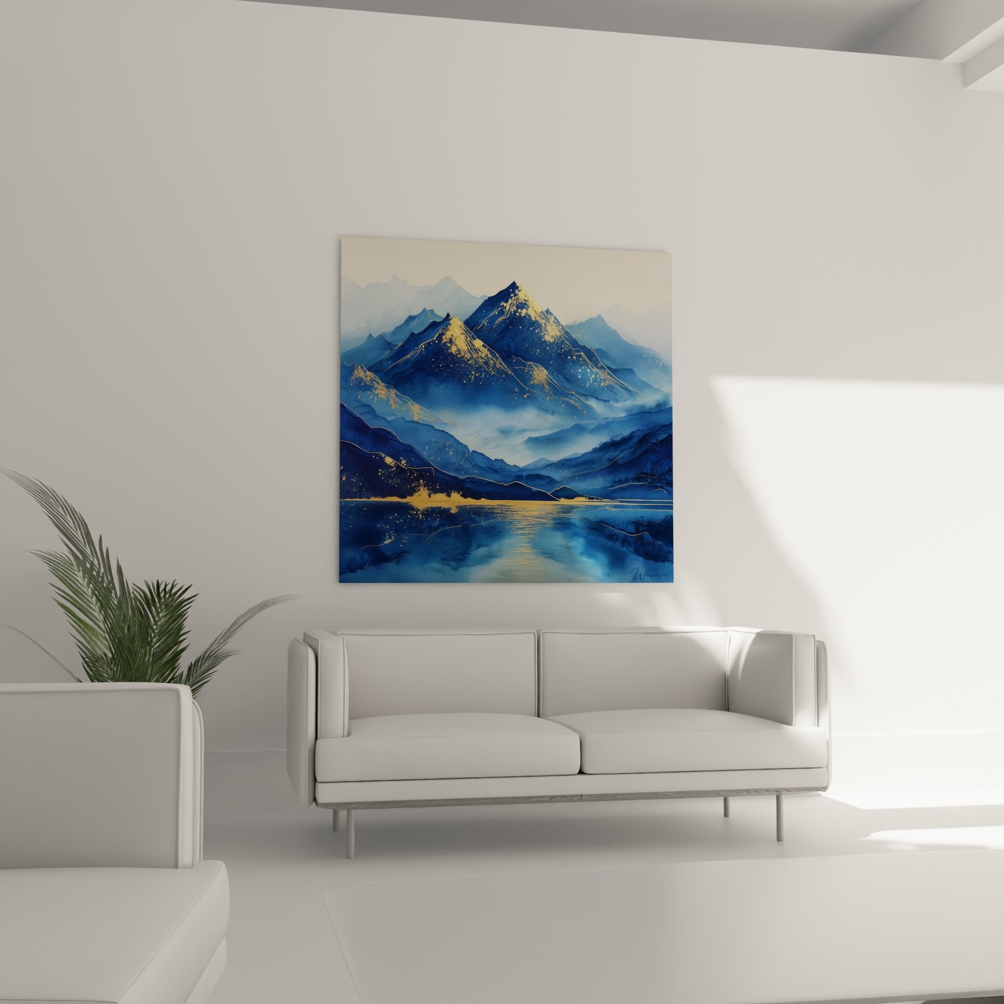 Detail golden mountains painting with deep blue lake artistic texture feng shui