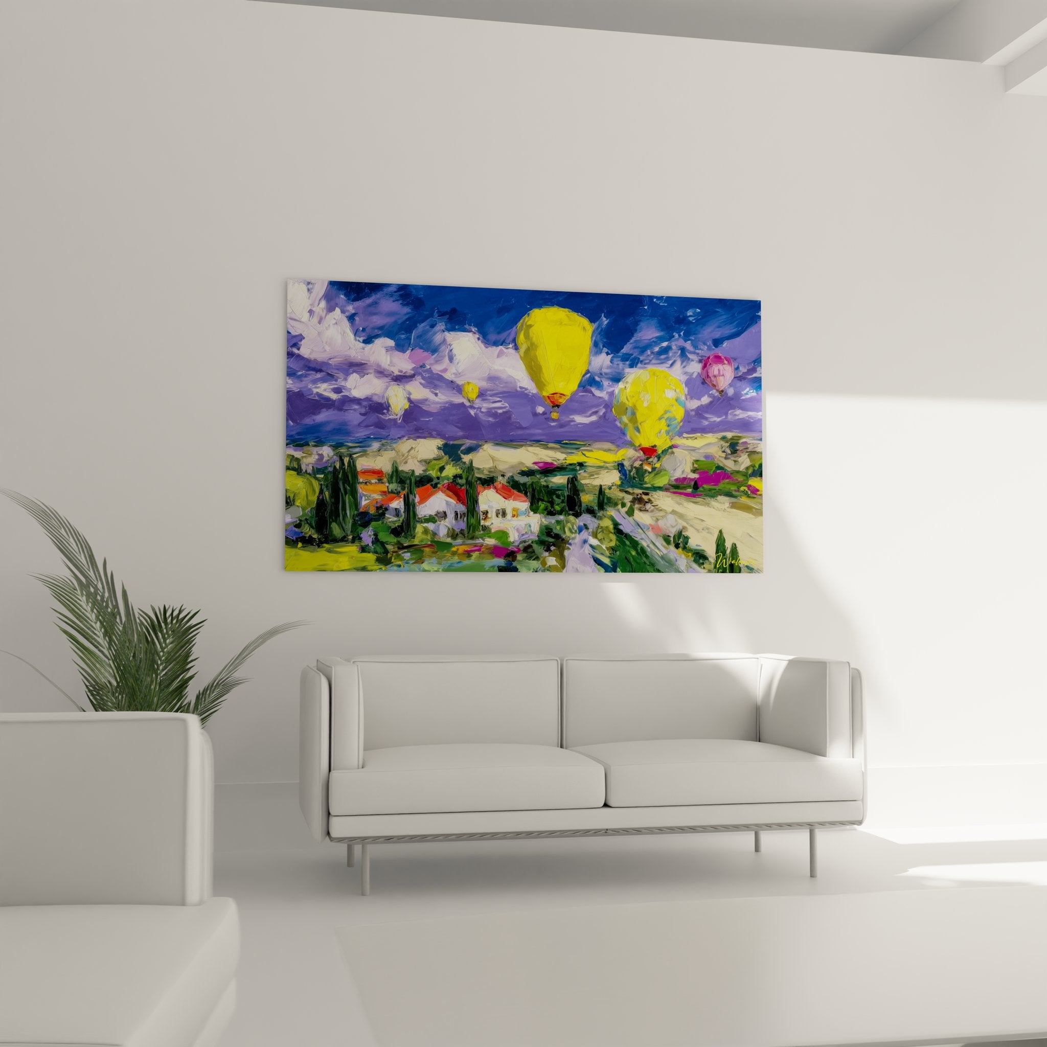 Détail gros plan montgolfière jaune peinture texturée style impressionniste