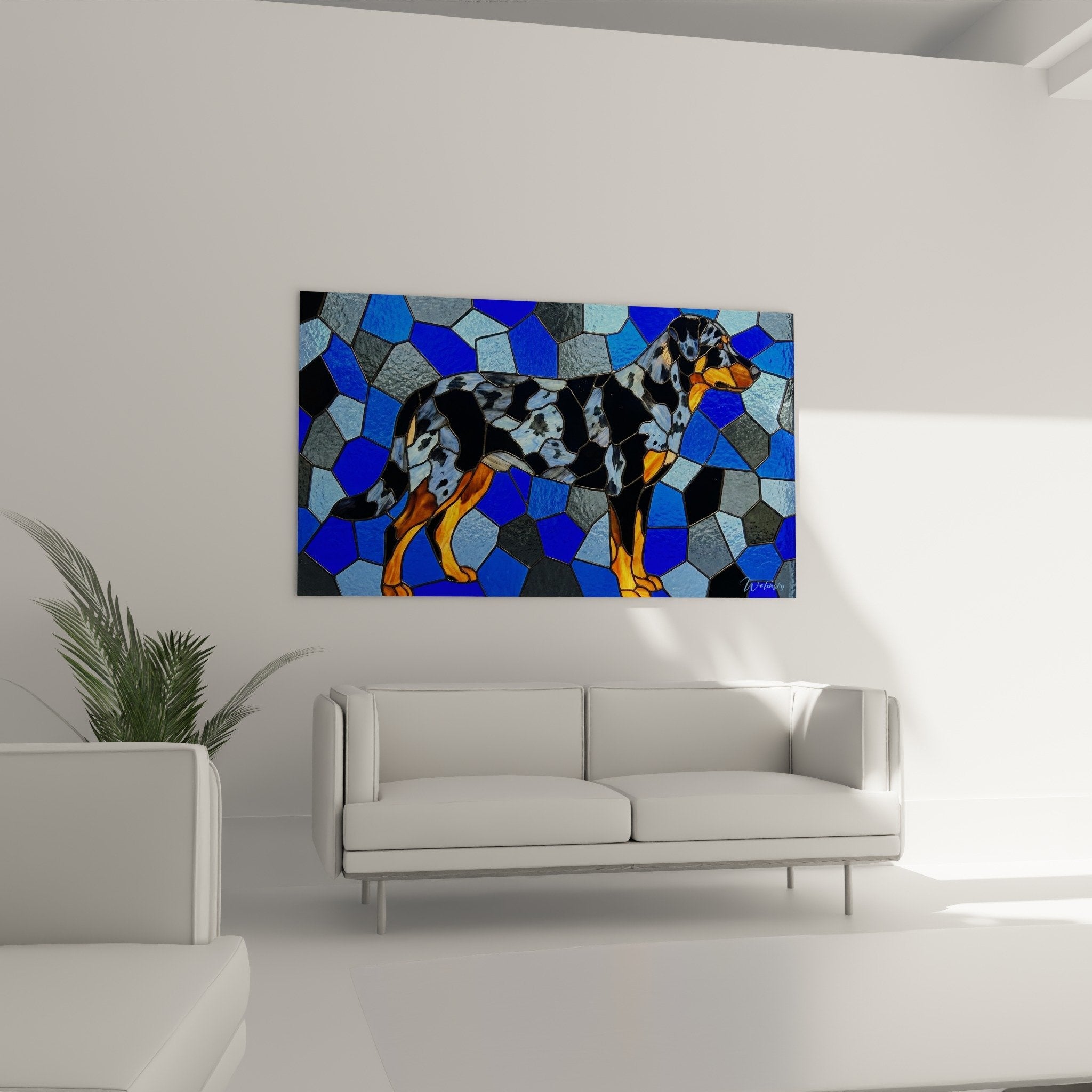 Dettaglio ravvicinato mosaico beaucerone mantello frammentato tonalità grigio arancio tecnica poligonale