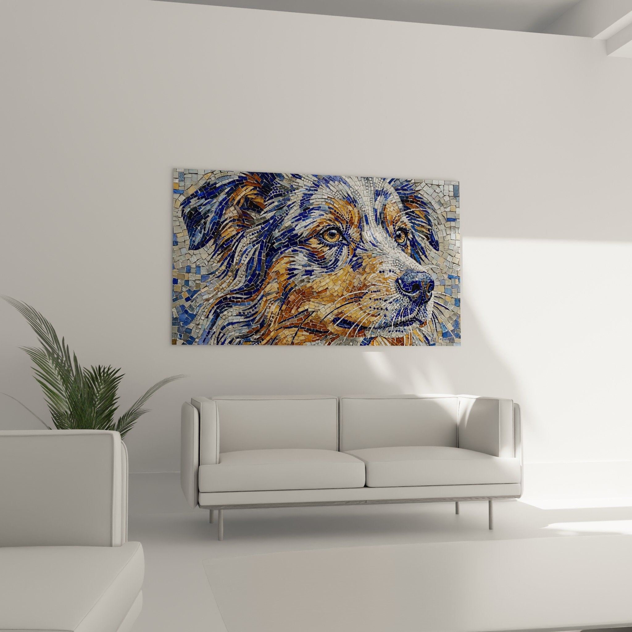 Detail mosaique berger americain yeux ambre tesselles dorees bleues texture artistique